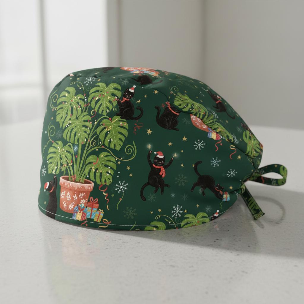 Cotton Scrub Cap: Christmas Black Cat Print, Monstera Pattern, Nurse Wear image 1