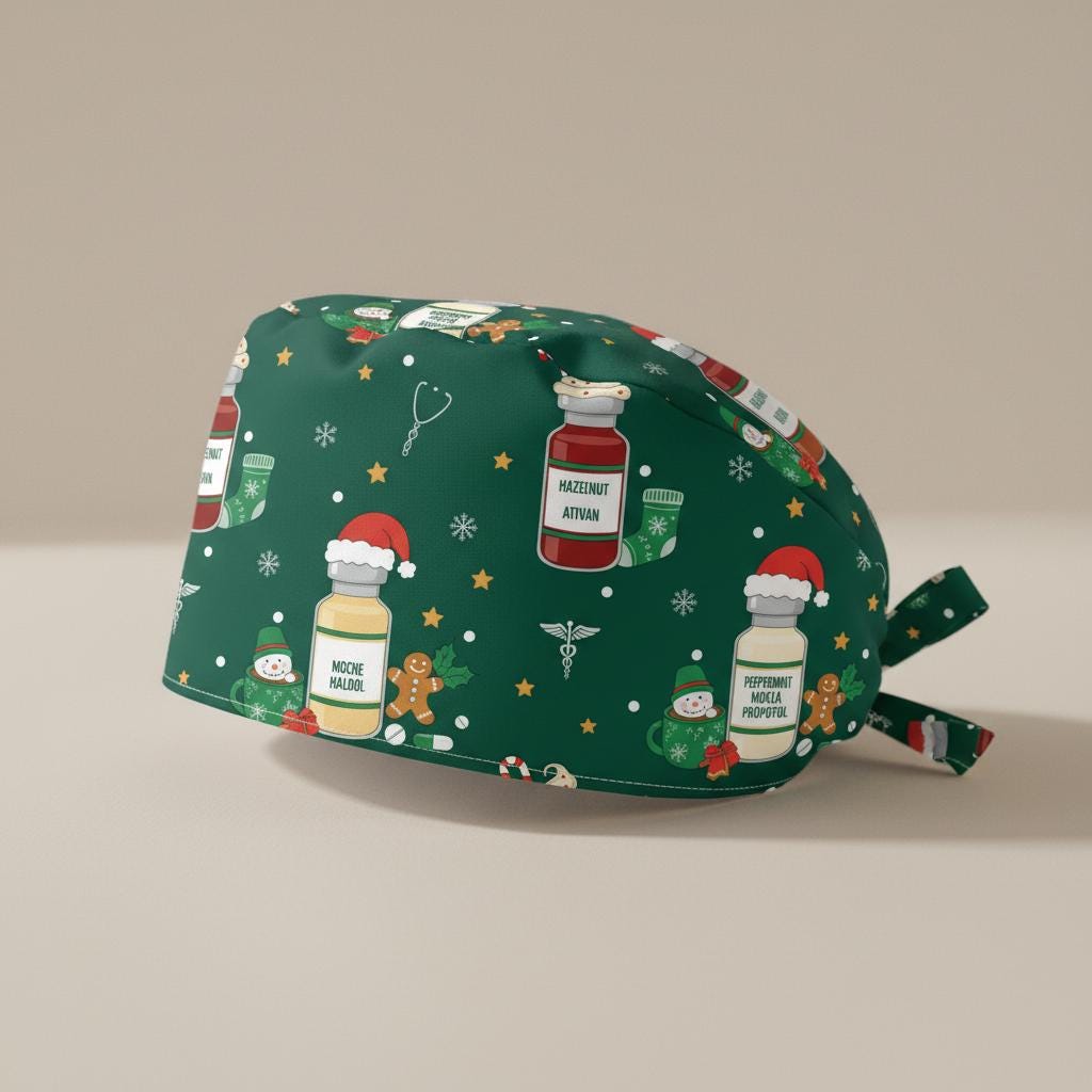 Cotton Scrub Cap: Silent Night Print, ICU Nurse Theme, Christmas Design image 1