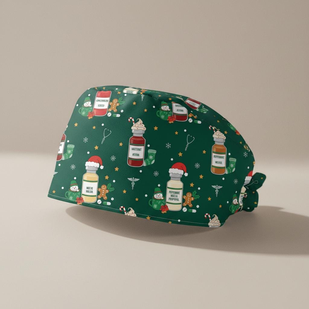Cotton Scrub Cap: Silent Night Print, ICU Nurse Theme, Christmas Design image 2