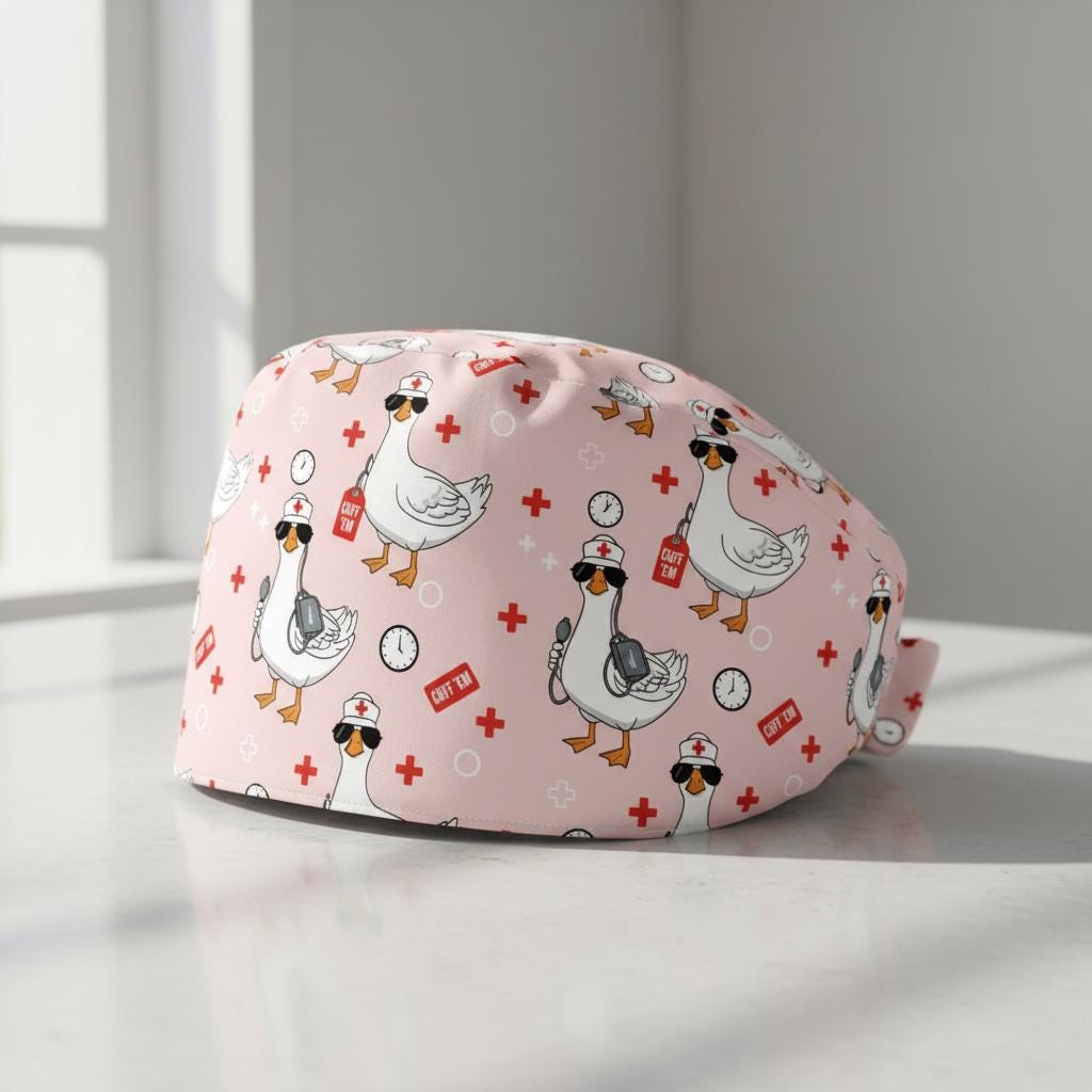 Cotton Scrub Cap: Goose Print, RN Nurse Theme, “Cuff ’Em” Design image 1