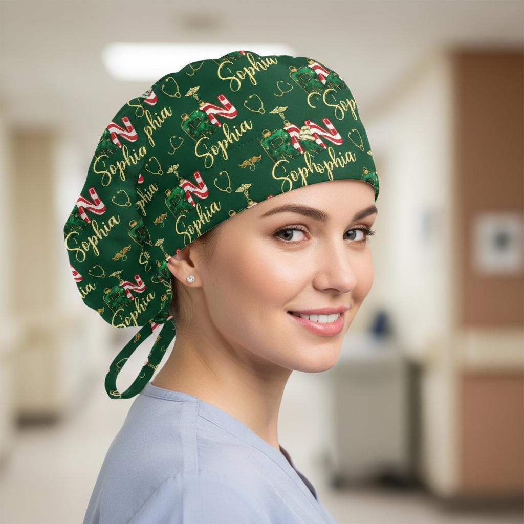Cotton Scrub Cap: Custom Name Embroidery, RN Nurse Wear, Christmas Theme image 4