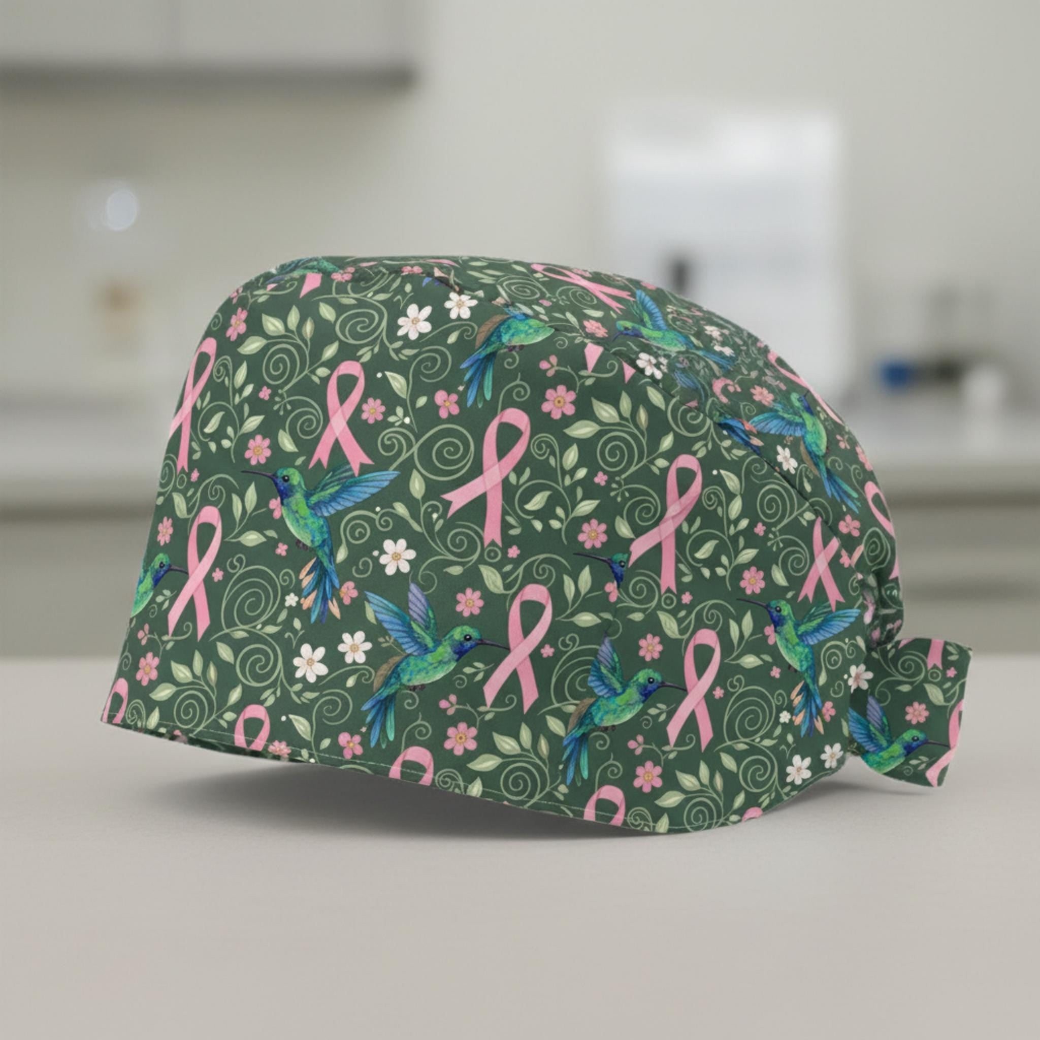 Cotton Scrub Cap: Hummingbird Print, Pink Ribbon Symbol, Breast Cancer Awareness Design image 3