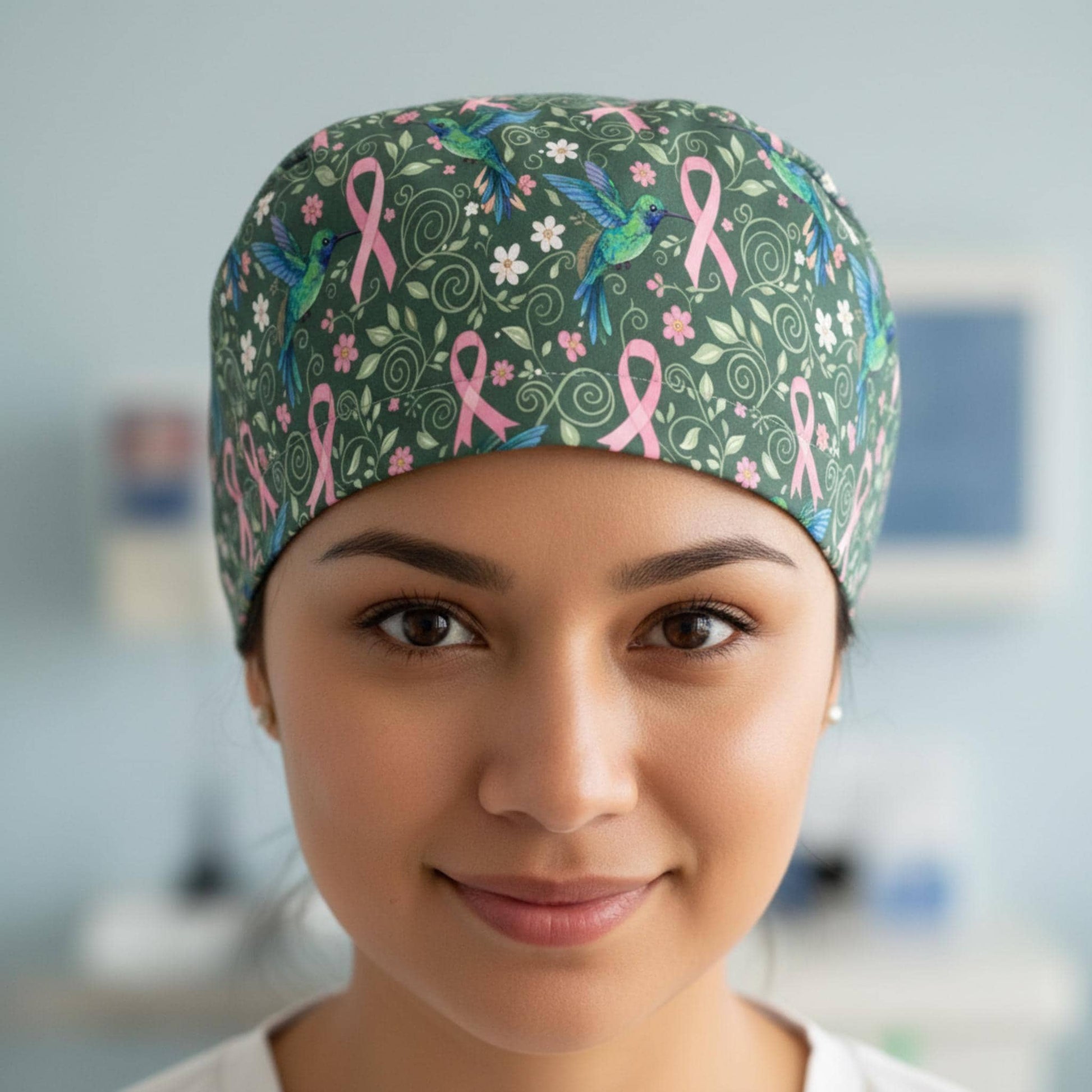 Cotton Scrub Cap: Hummingbird Print, Pink Ribbon Symbol, Breast Cancer Awareness Design image 2