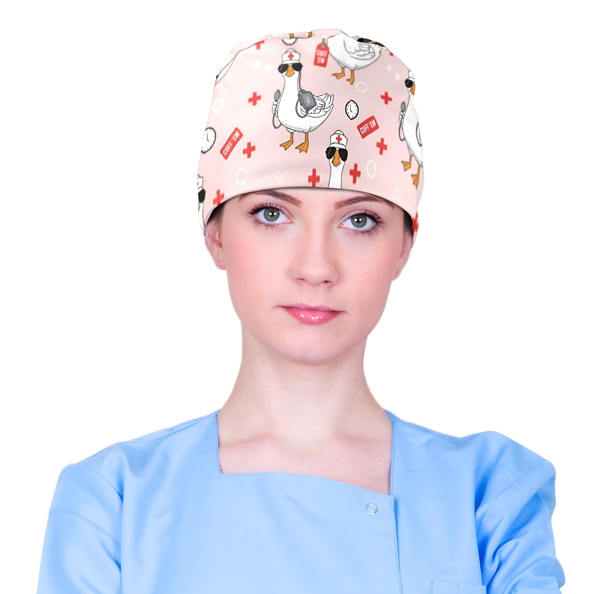 Cotton Scrub Cap: Goose Print, RN Nurse Theme, “Cuff ’Em” Design image 4