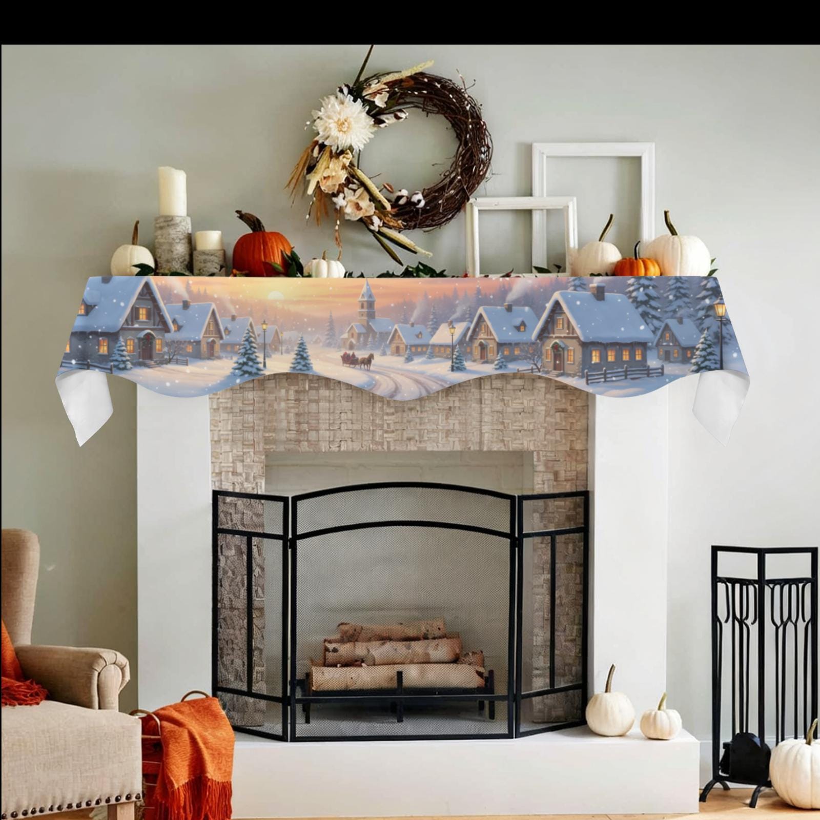 Winter Village Fireplace Mantel Scarf – Christmas Mantel Cover, Snowy Scene Decoration, Holiday Home Decor image 2