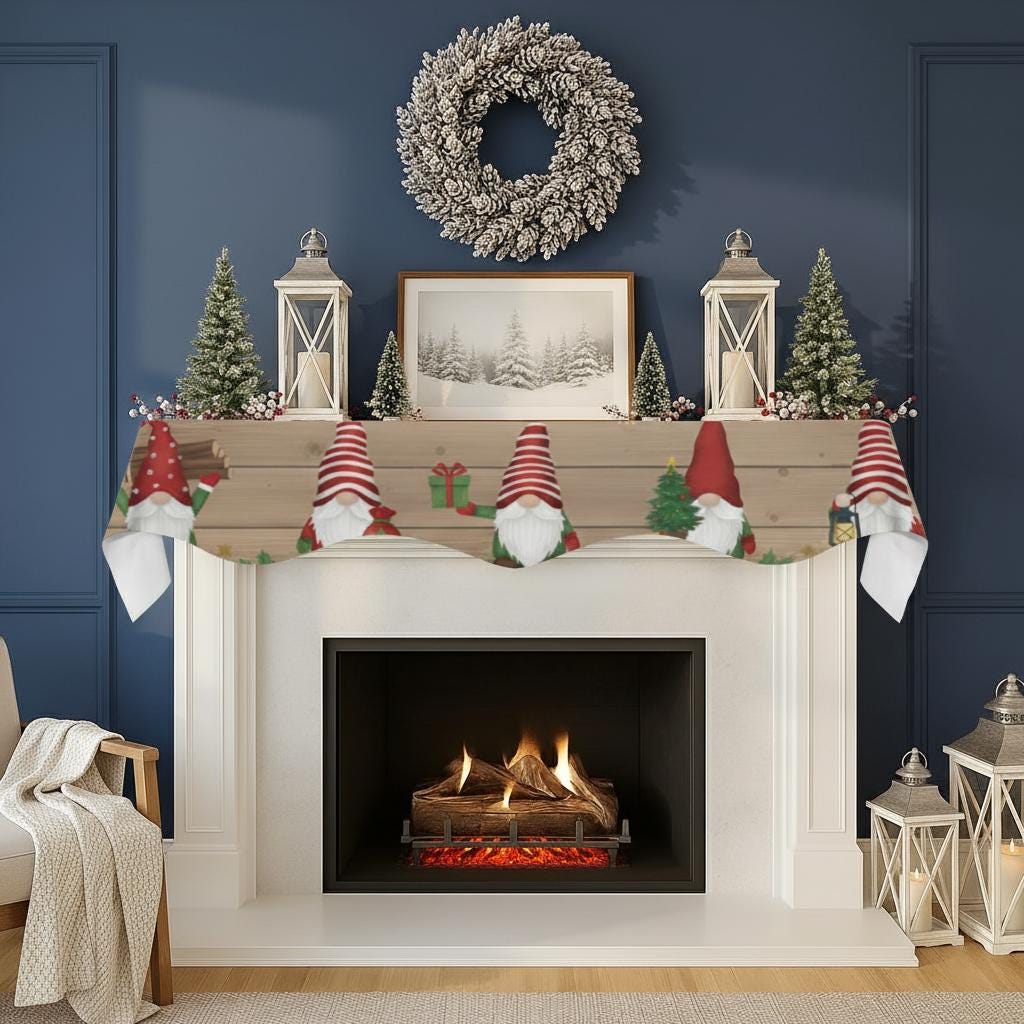 Gnome Fireplace Mantel Scarf – Christmas Mantel Cover, Nordic Holiday Decoration, Rustic Wood Pattern Design image 2