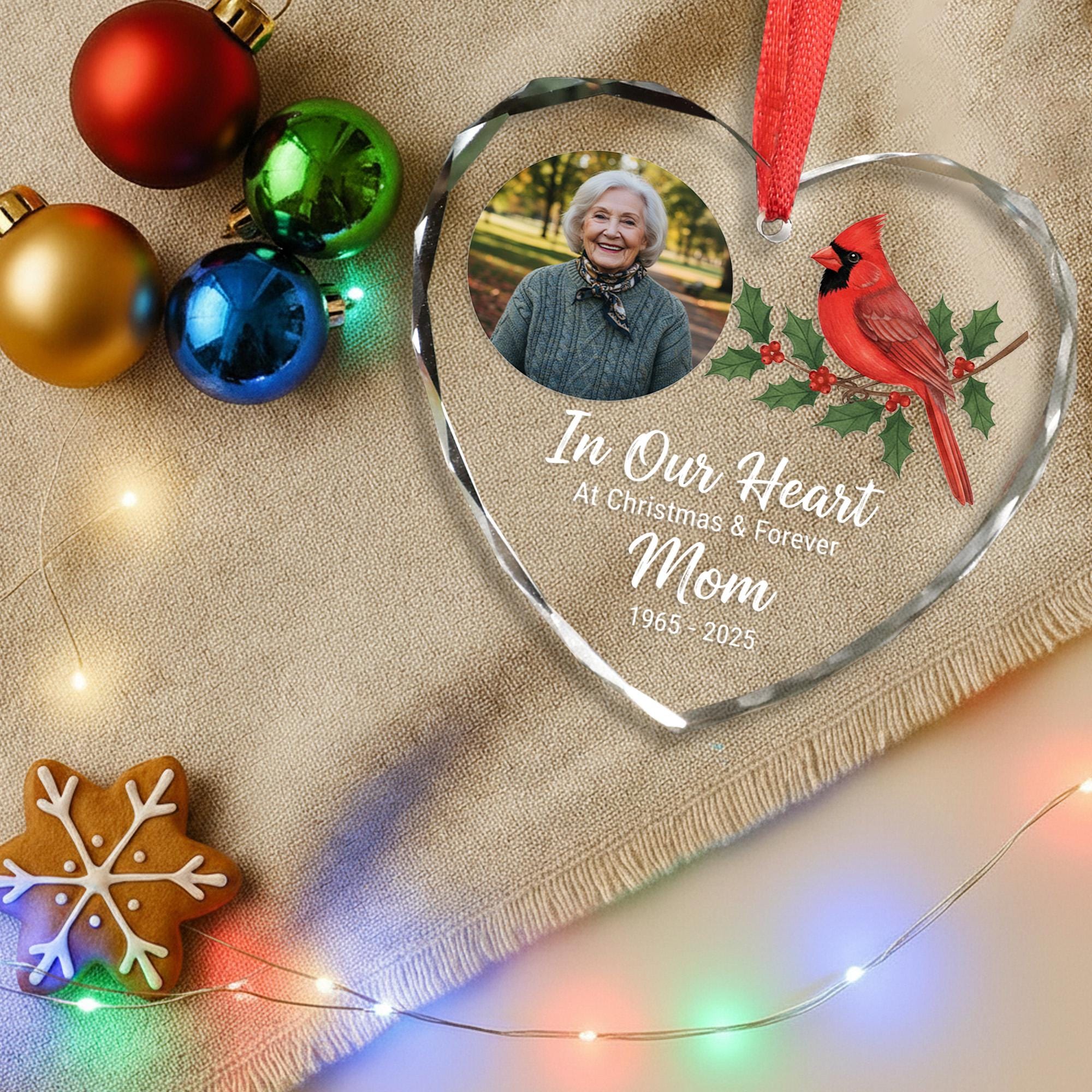 Personalized Memorial Ornament – Custom Photo Heart Decoration, Cardinal Design, Glass Remembrance Christmas Ornament image 2