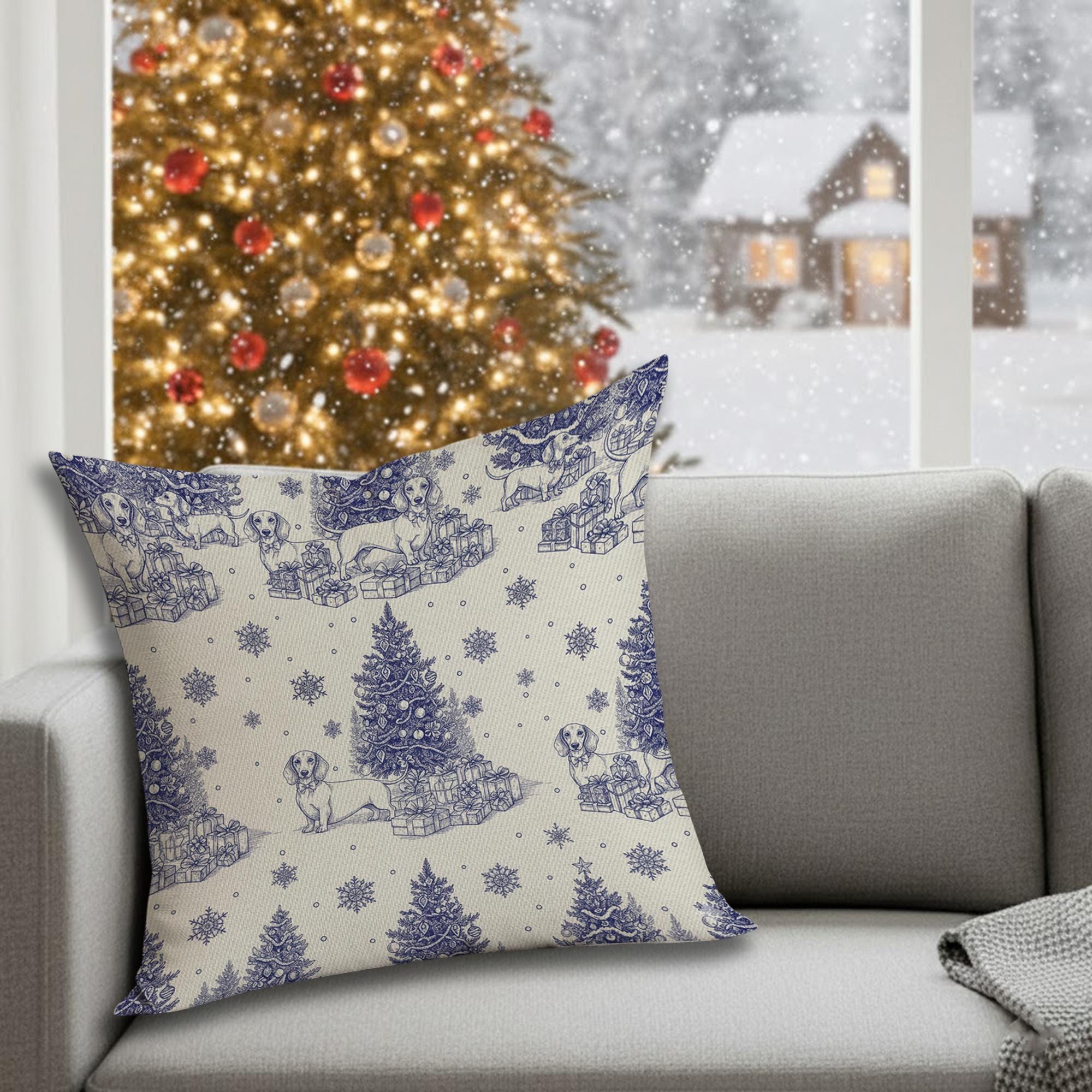 Toile De Jouy Dachshund Pillow with Christmas Dog Pattern image 1