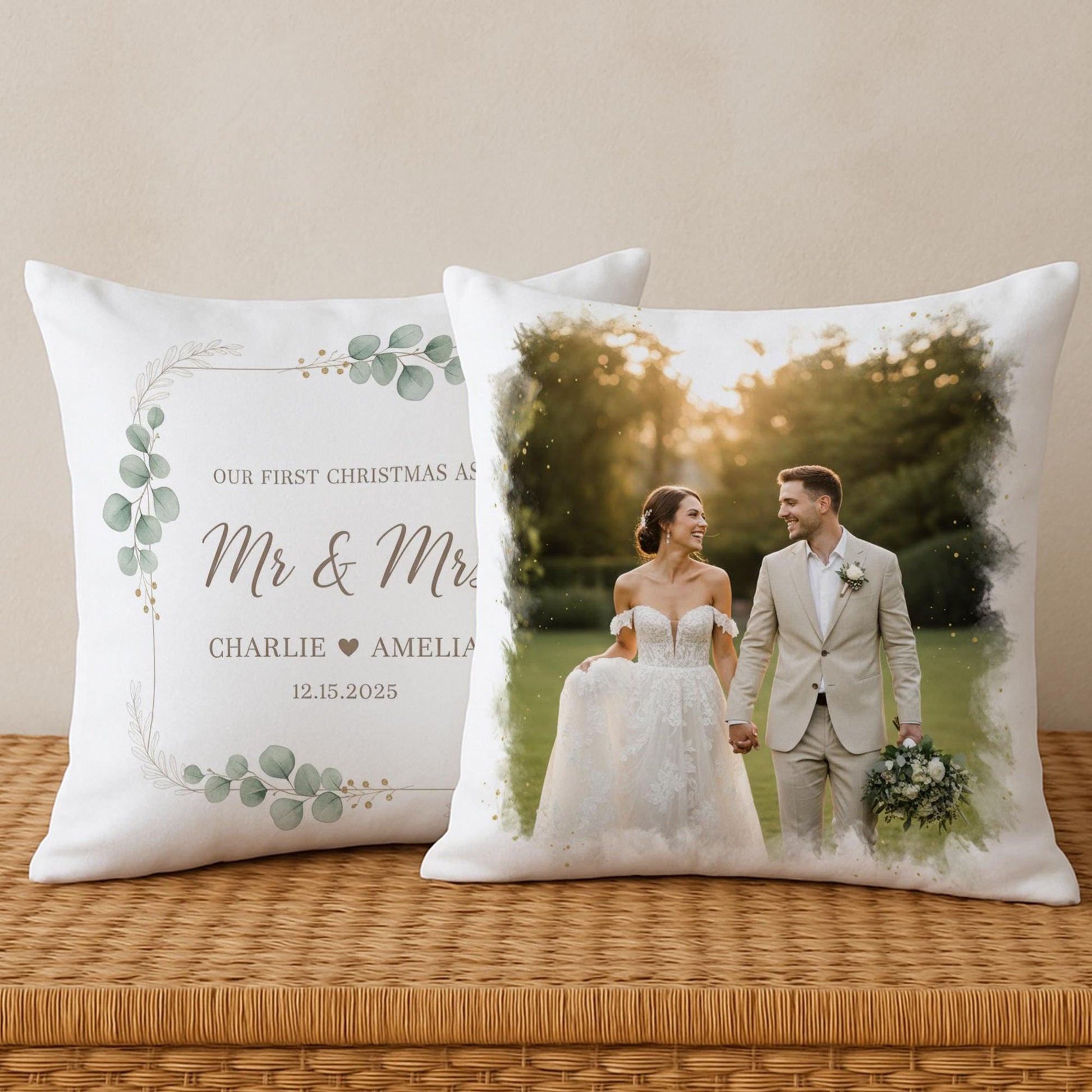 Personalized Wedding Pillow: Wedding Photo Print, Botanical Design, Christmas Keepsake image 4