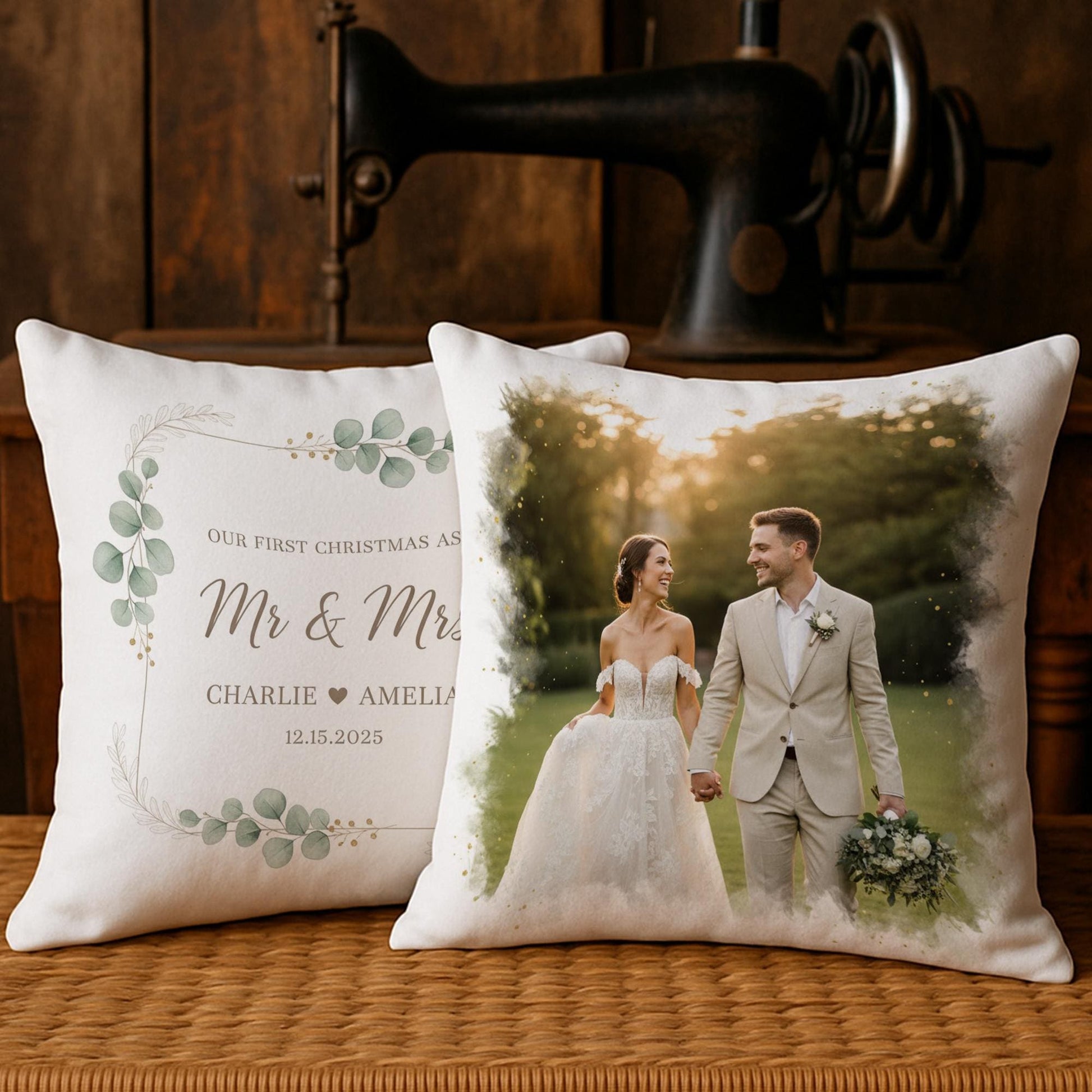 Personalized Wedding Pillow: Wedding Photo Print, Botanical Design, Christmas Keepsake image 5