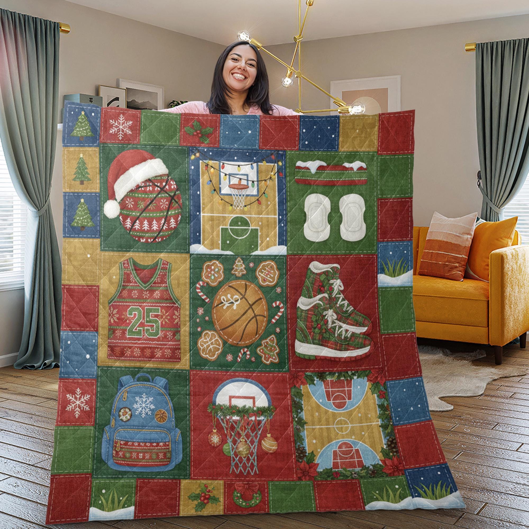 Basketball Quilt Blanket: Christmas Patchwork Design, Holiday Sports Bedding, Winter Throw image 2