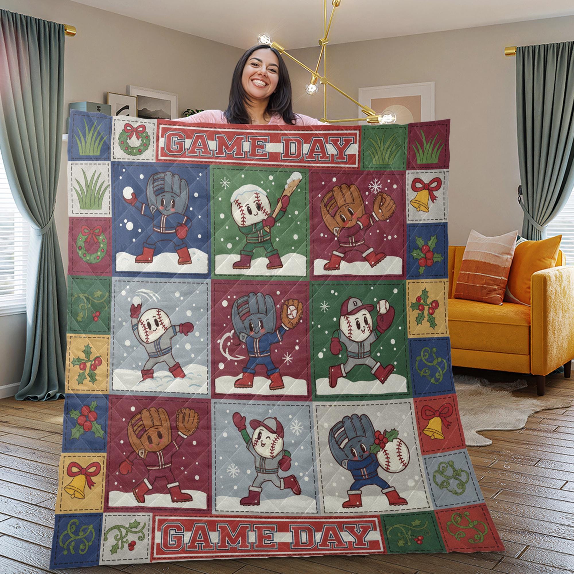 Quilt Blanket: Christmas Baseball Patchwork, Holiday 'Game Day' Design, Winter Sports Bedding image 2