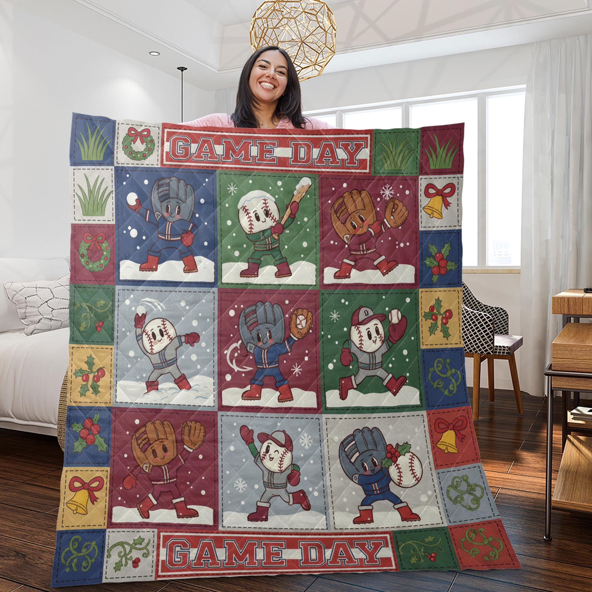 Quilt Blanket: Christmas Baseball Patchwork, Holiday 'Game Day' Design, Winter Sports Bedding image 1