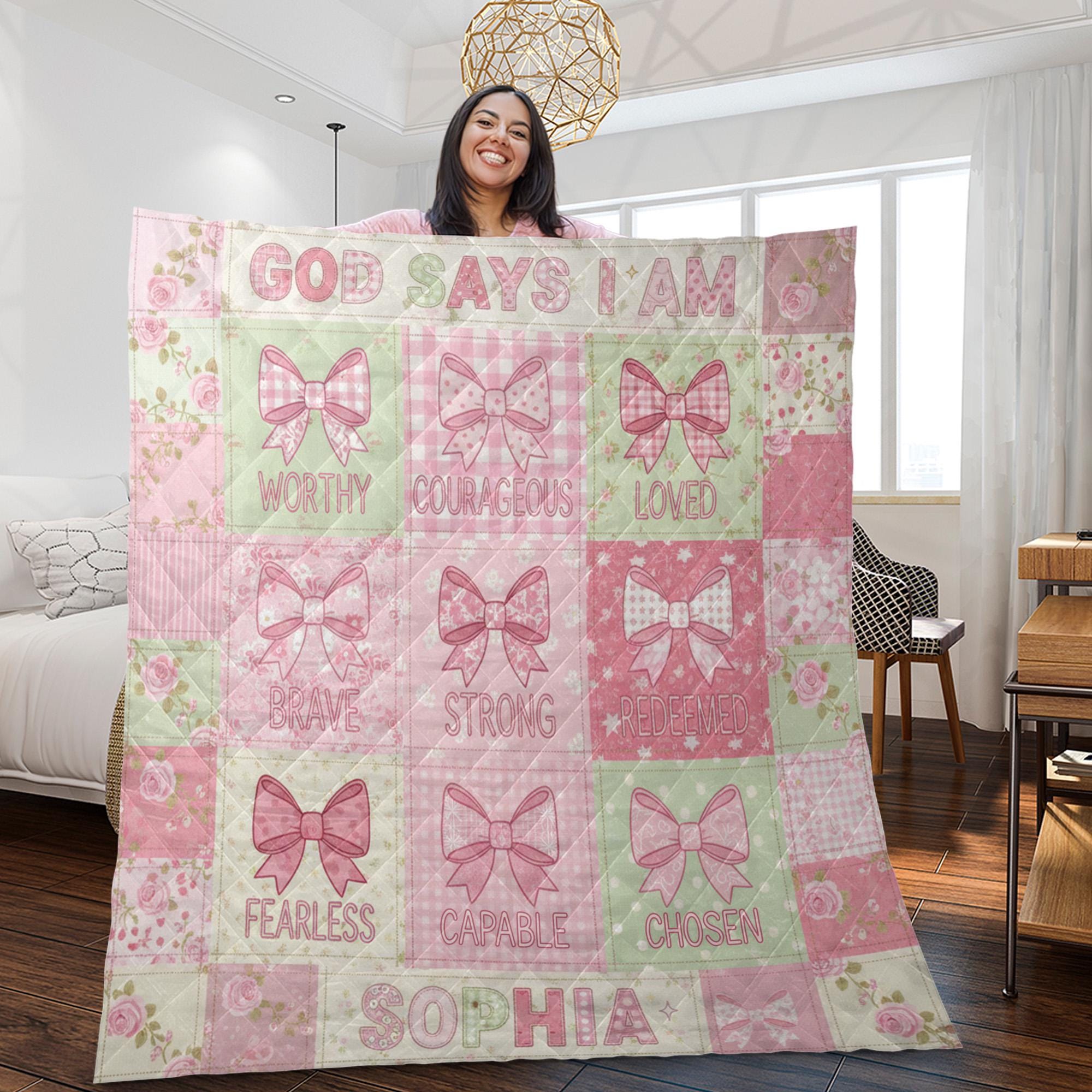 Personalized Quilt Blanket: "God Says I Am" Theme, Pink Coquette Bow Patchwork, Christian Bedding image 1