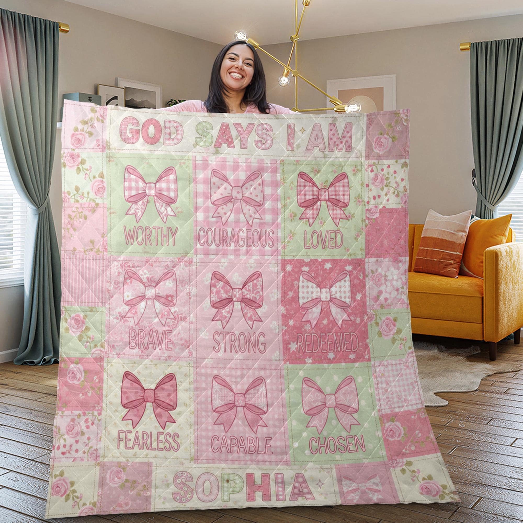 Personalized Quilt Blanket: "God Says I Am" Theme, Pink Coquette Bow Patchwork, Christian Bedding image 2
