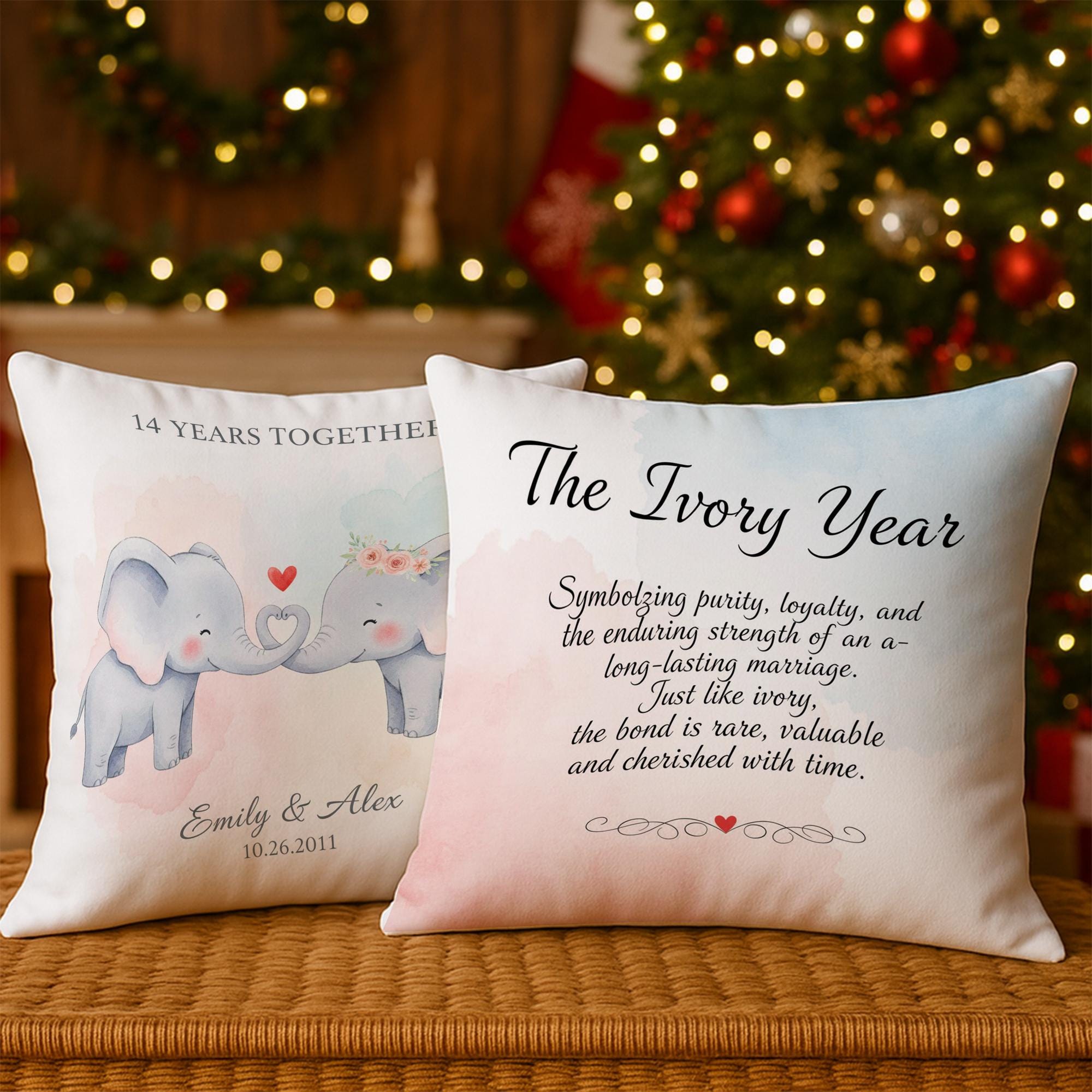Personalized Anniversary Pillow: Elephant Illustration, Ivory Anniversary, Custom Date Print image 1