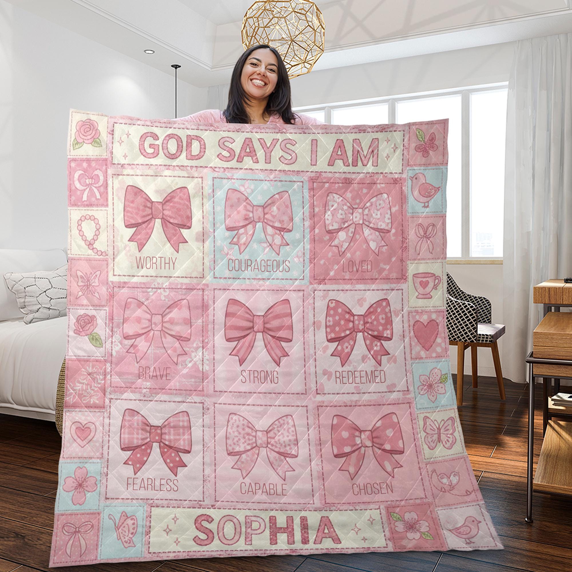 Personalized Quilt Blanket: "God Says I Am" Theme, Pink Coquette Bow Patchwork, Christian Bedding image 2