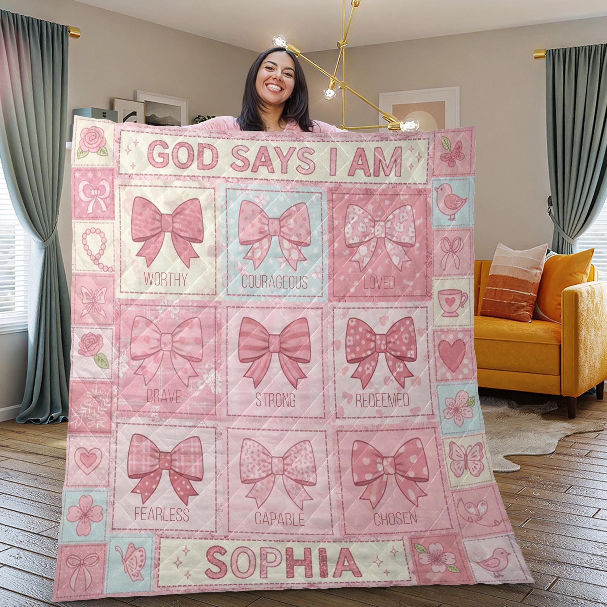 Personalized Quilt Blanket: "God Says I Am" Theme, Pink Coquette Bow Patchwork, Christian Bedding image 1
