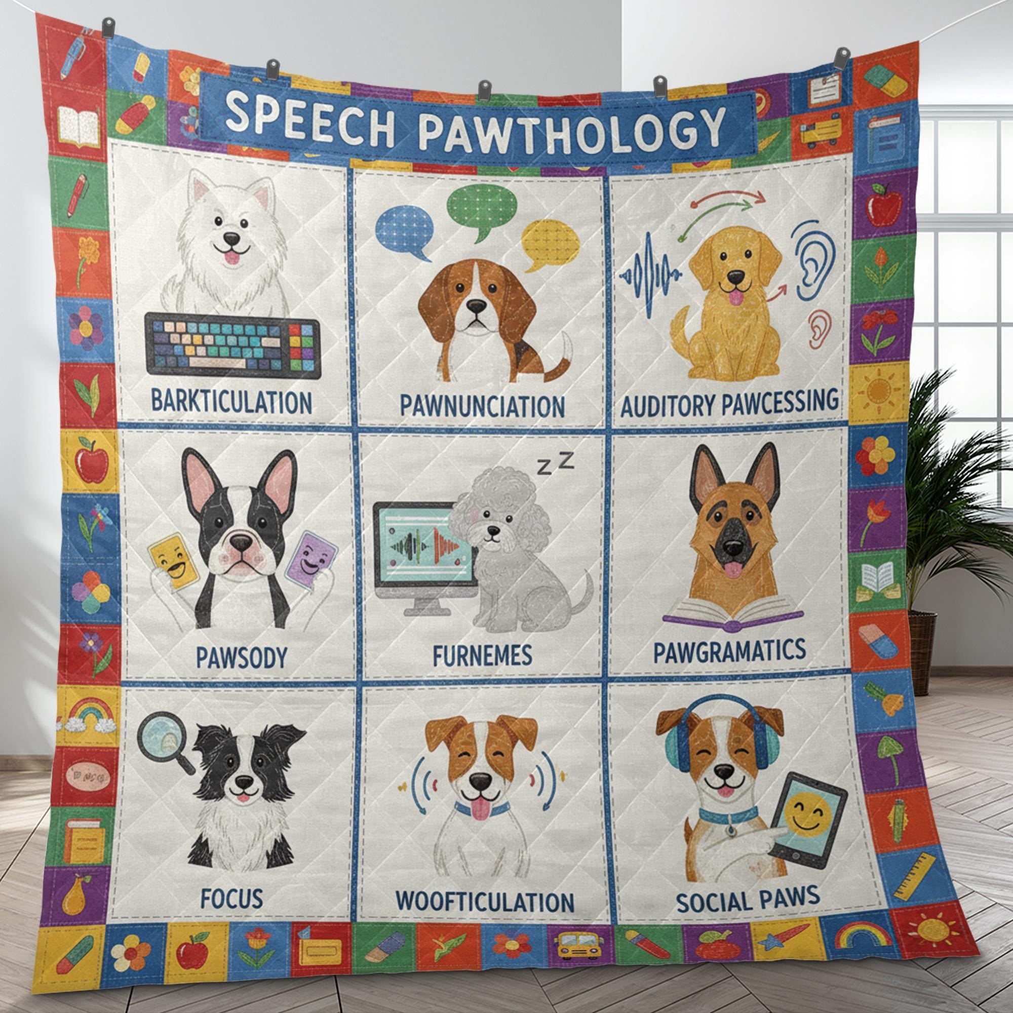 Quilt Blanket: "Speech Pawthology" Theme, Dog Pun Patchwork, SLP Illustrations image 1