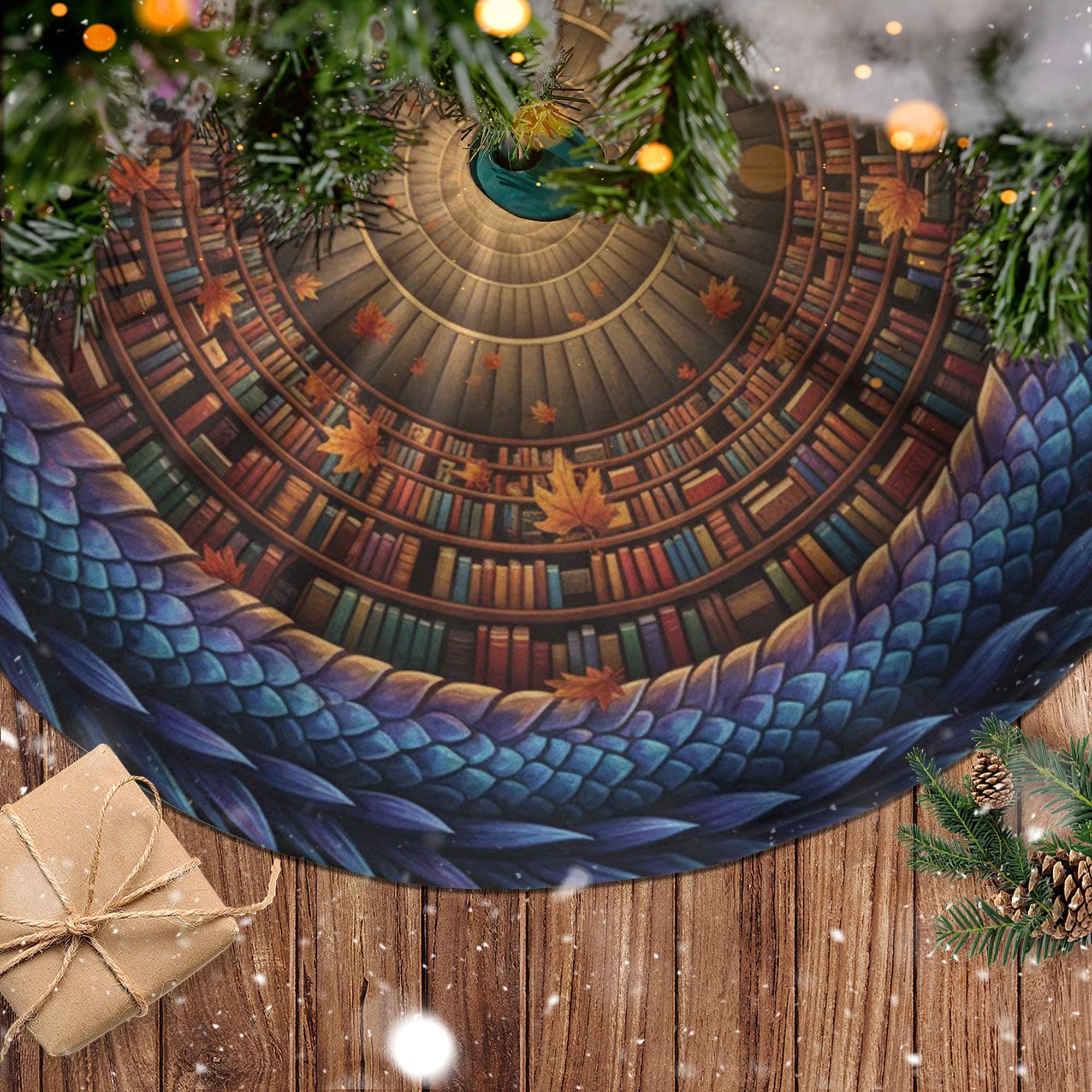 Fantasy Christmas Tree Skirt: Dragon Library Print, Circular Holiday Mat, Autumn Detail image 2