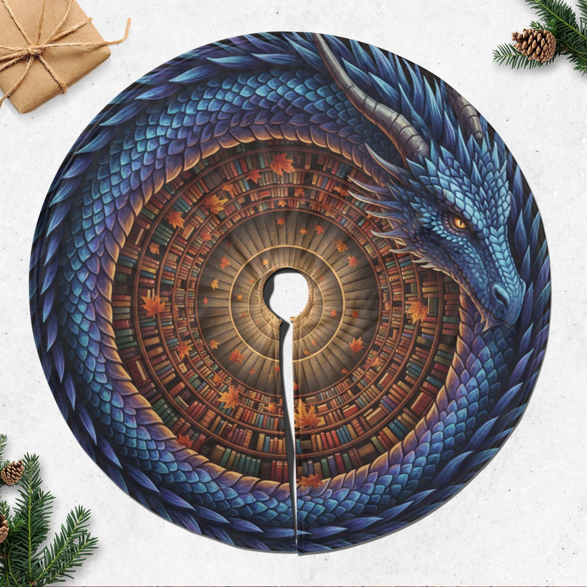Fantasy Christmas Tree Skirt: Dragon Library Print, Circular Holiday Mat, Autumn Detail image 4