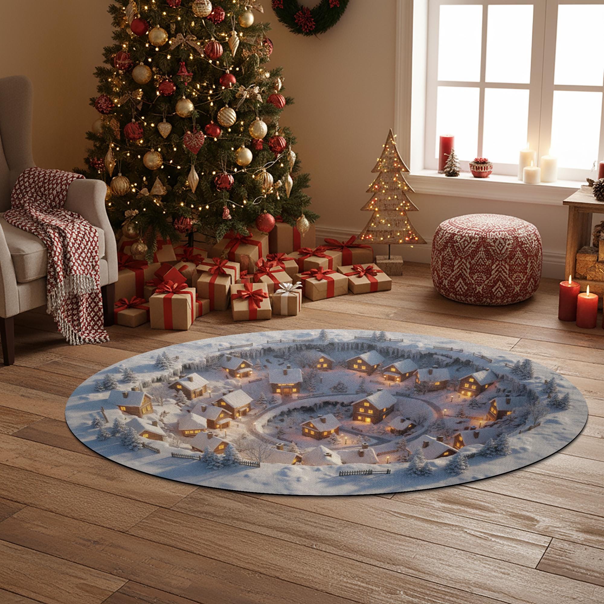 Winter Village Doormat: Custom Shape Mat, Snowy House Print, Night Scene Entry Rug image 1