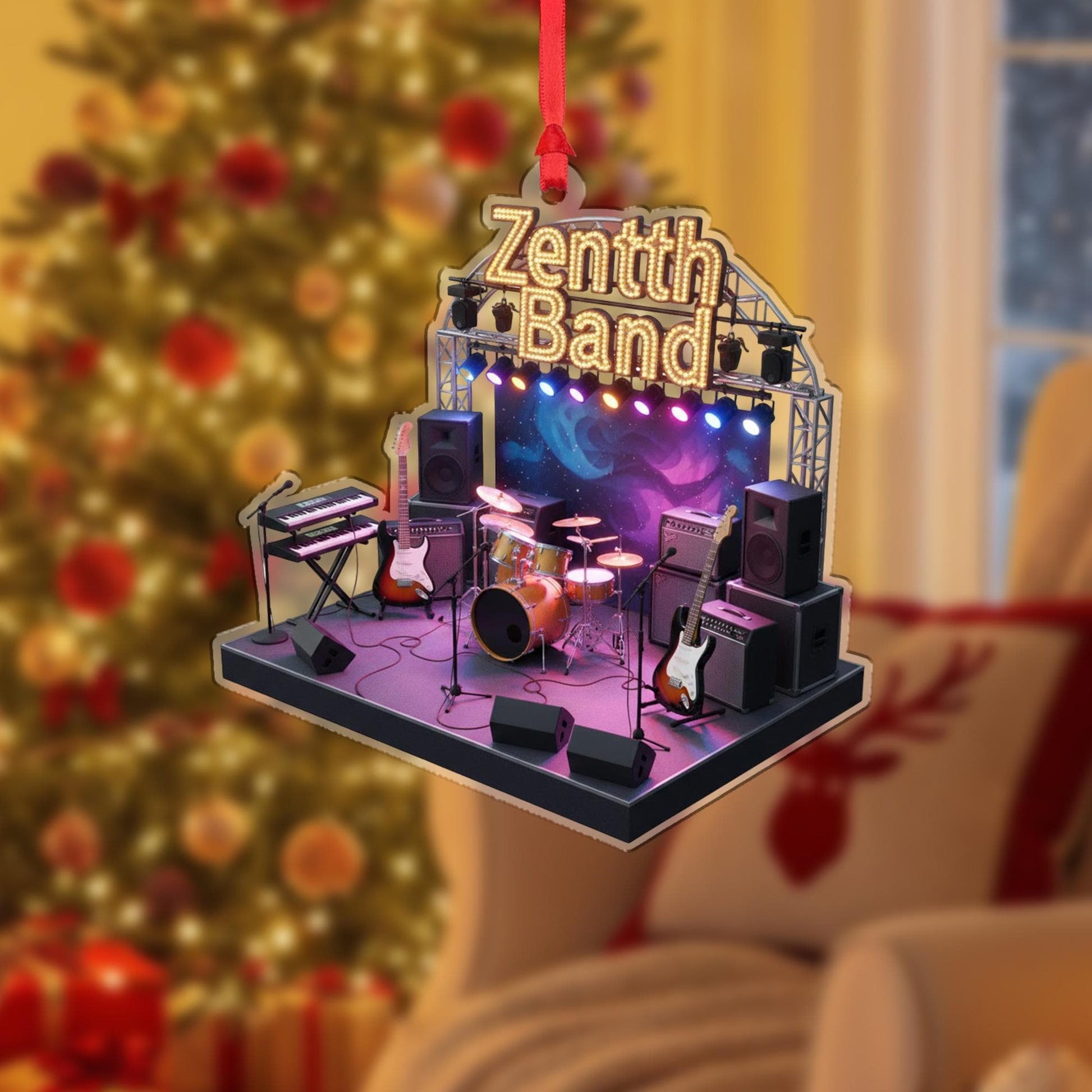 Acrylic Ornament – Miniature Concert Stage with Instruments and Cosmic Backdrop, Music Band Ornament image 3