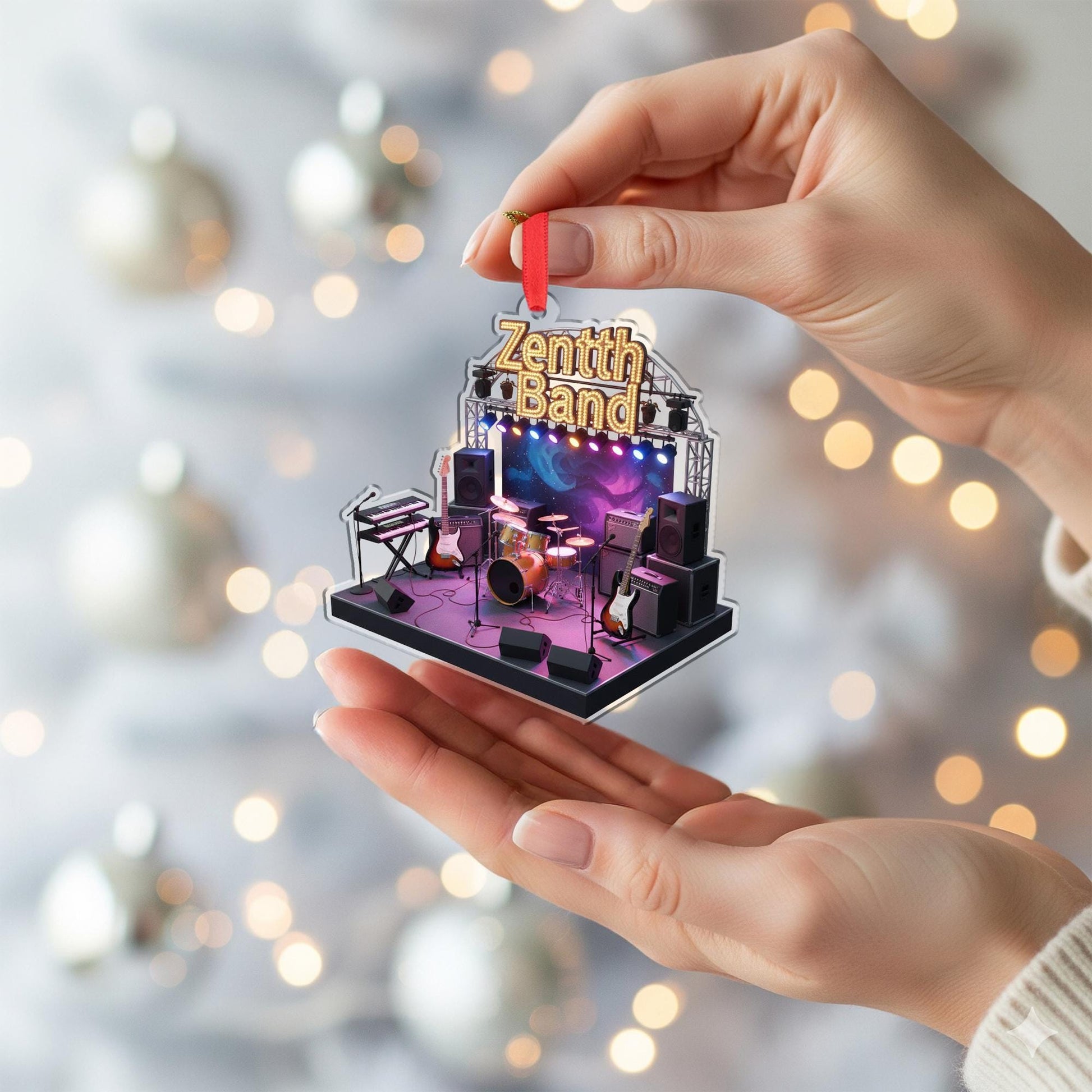 Acrylic Ornament – Miniature Concert Stage with Instruments and Cosmic Backdrop, Music Band Ornament image 4