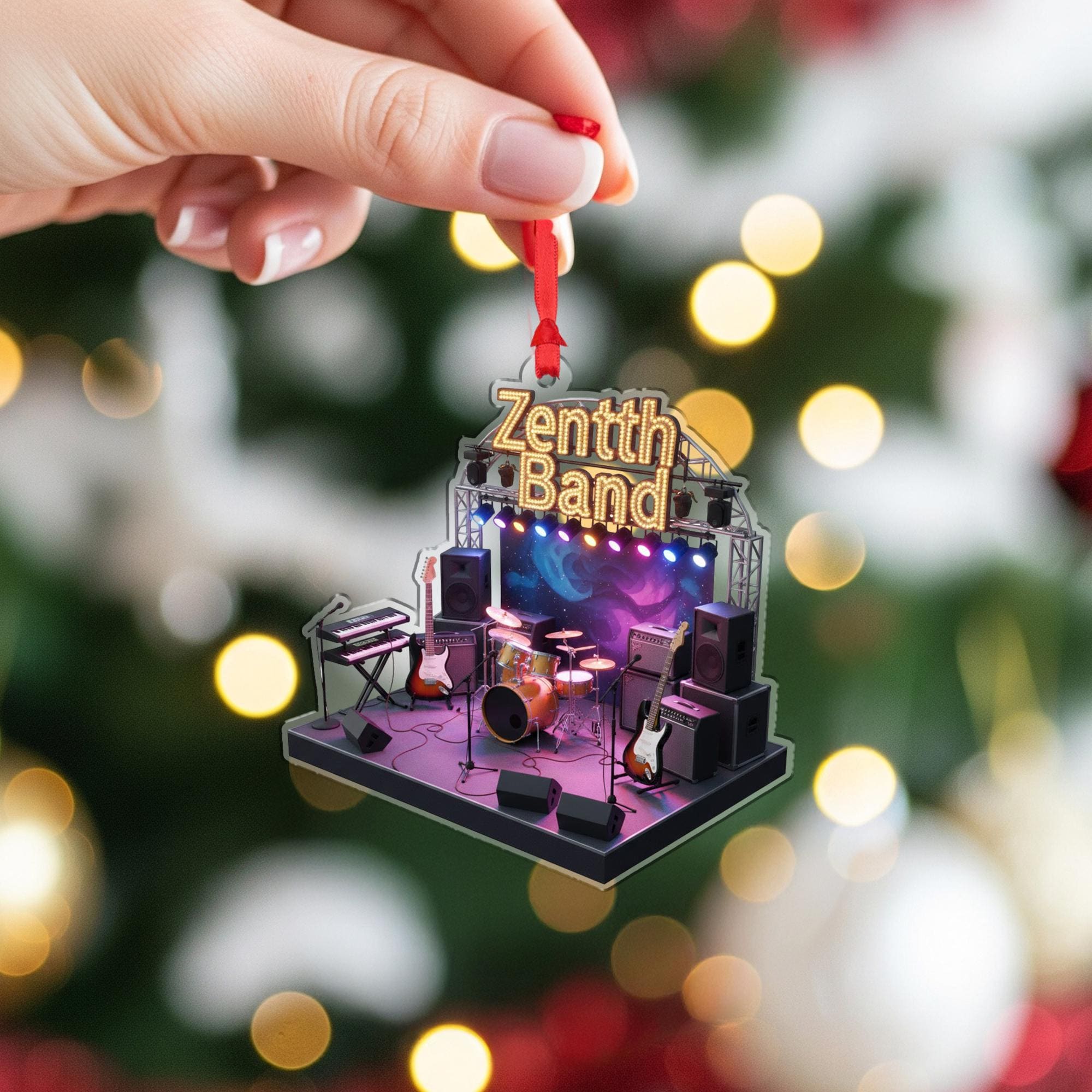 Acrylic Ornament – Miniature Concert Stage with Instruments and Cosmic Backdrop, Music Band Ornament image 6