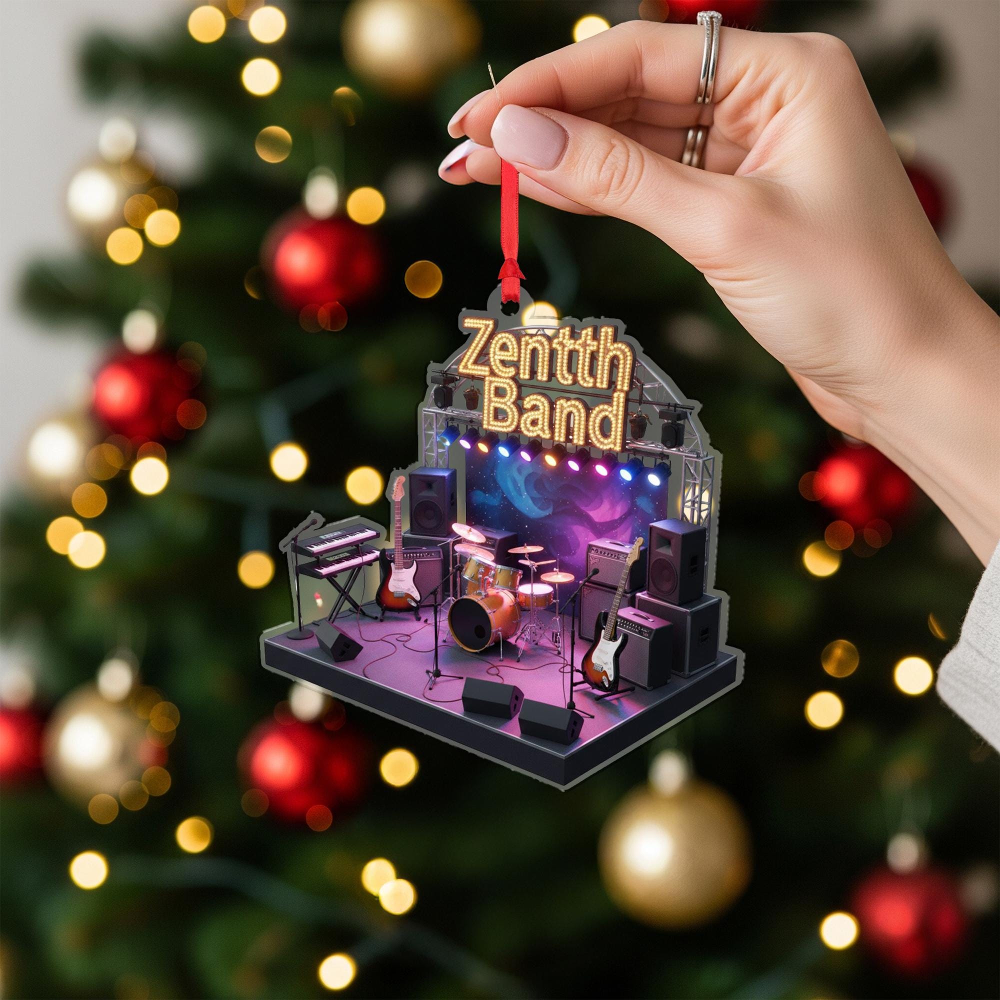 Acrylic Ornament – Miniature Concert Stage with Instruments and Cosmic Backdrop, Music Band Ornament image 7