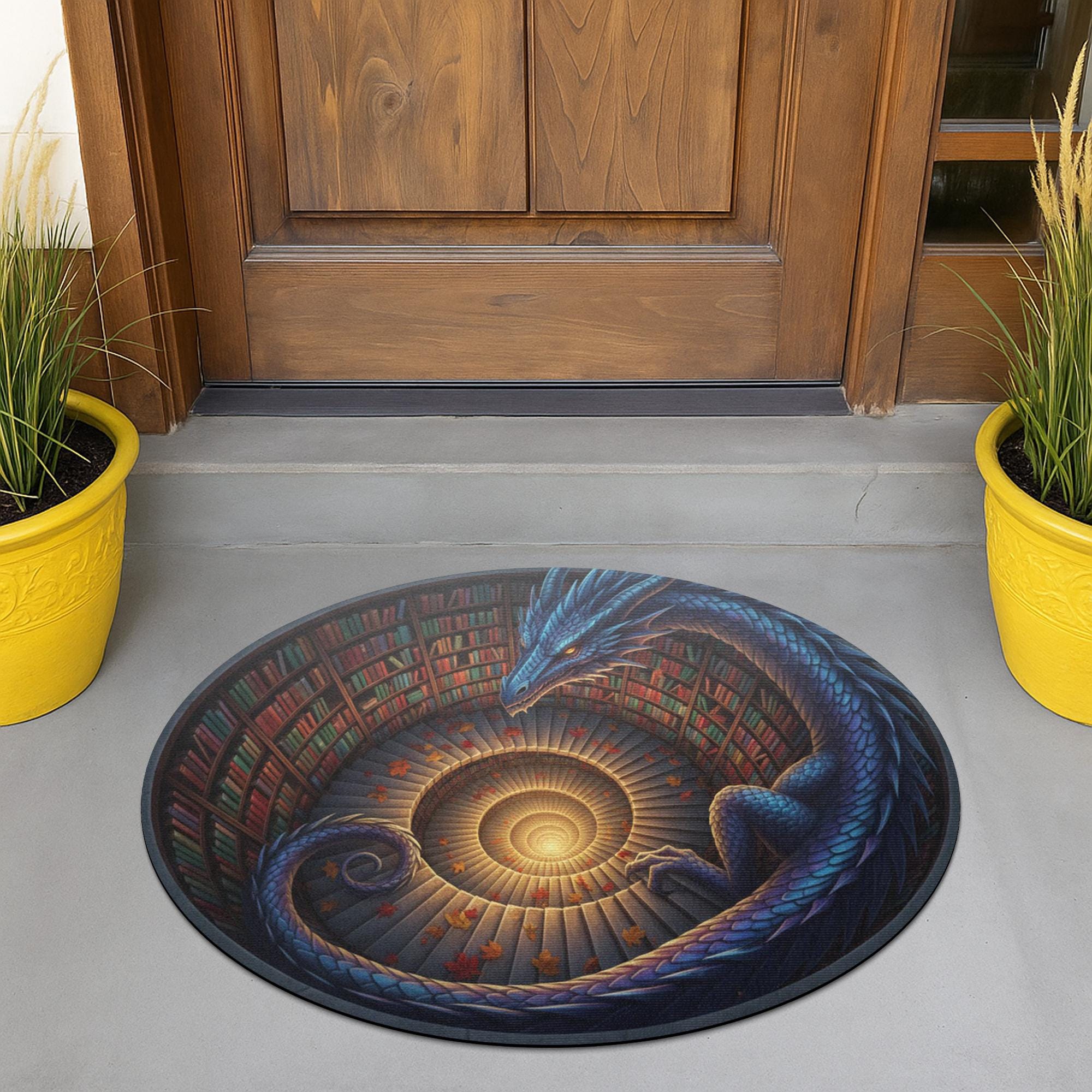 Fantasy Dragon Doormat: Spiral Staircase Design, Library Scene, Round Rug Style image 5