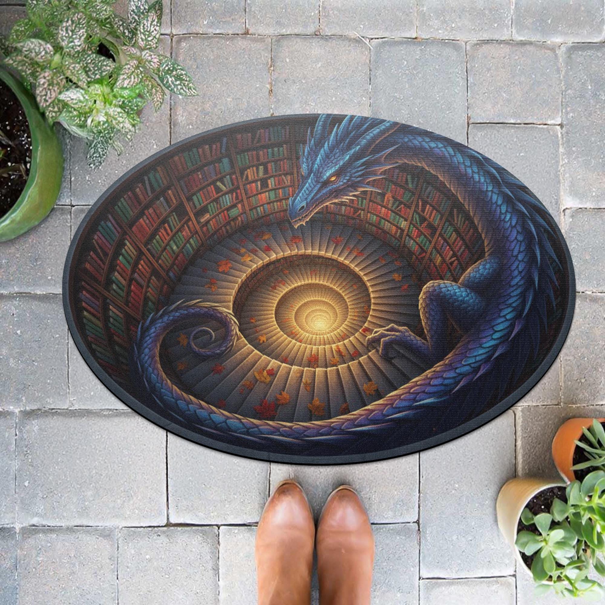 Fantasy Dragon Doormat: Spiral Staircase Design, Library Scene, Round Rug Style image 8