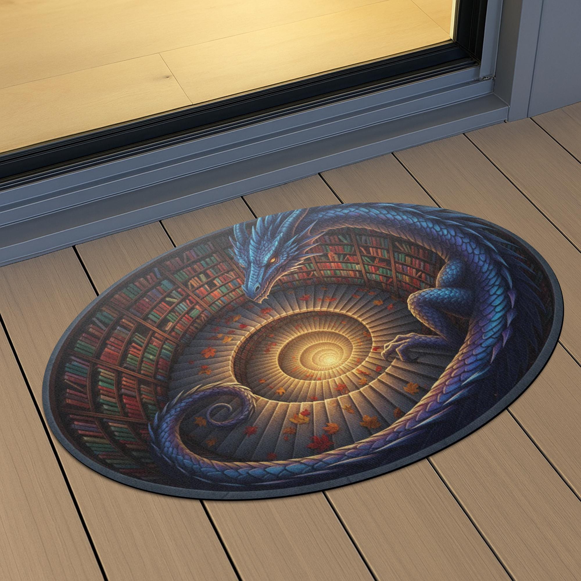 Fantasy Dragon Doormat: Spiral Staircase Design, Library Scene, Round Rug Style image 9
