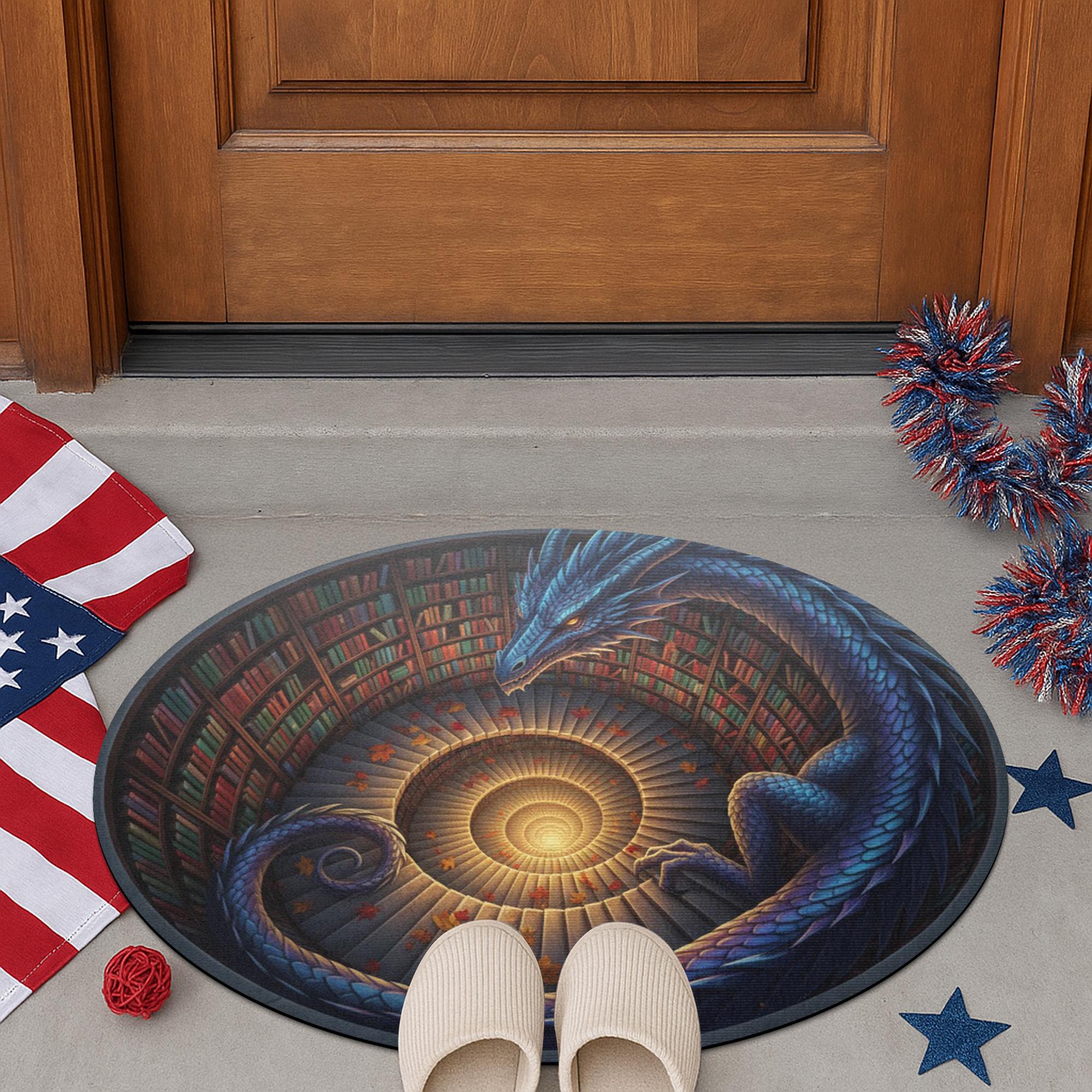 Fantasy Dragon Doormat: Spiral Staircase Design, Library Scene, Round Rug Style image 3