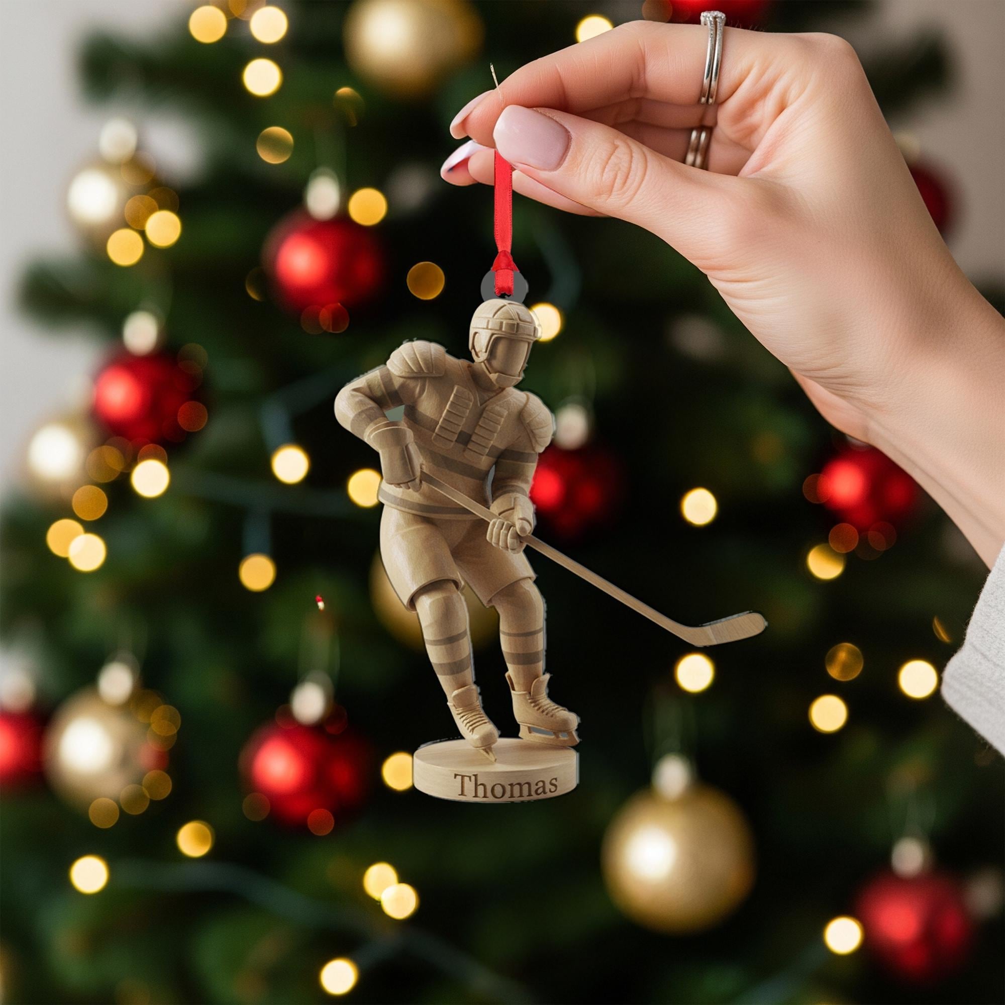 Personalized Hockey Player Wood-Look Ornament: Custom Name Acrylic Gift image 1