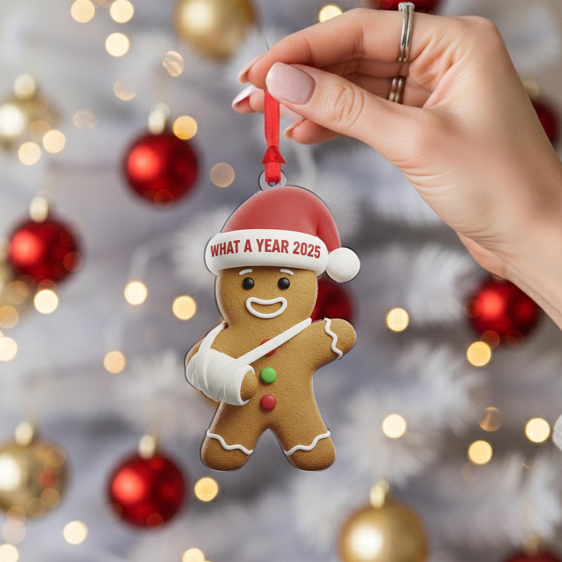 What a Year 2025 Gingerbread Ornament: Broken Arm Santa Hat Acrylic Gift image 4