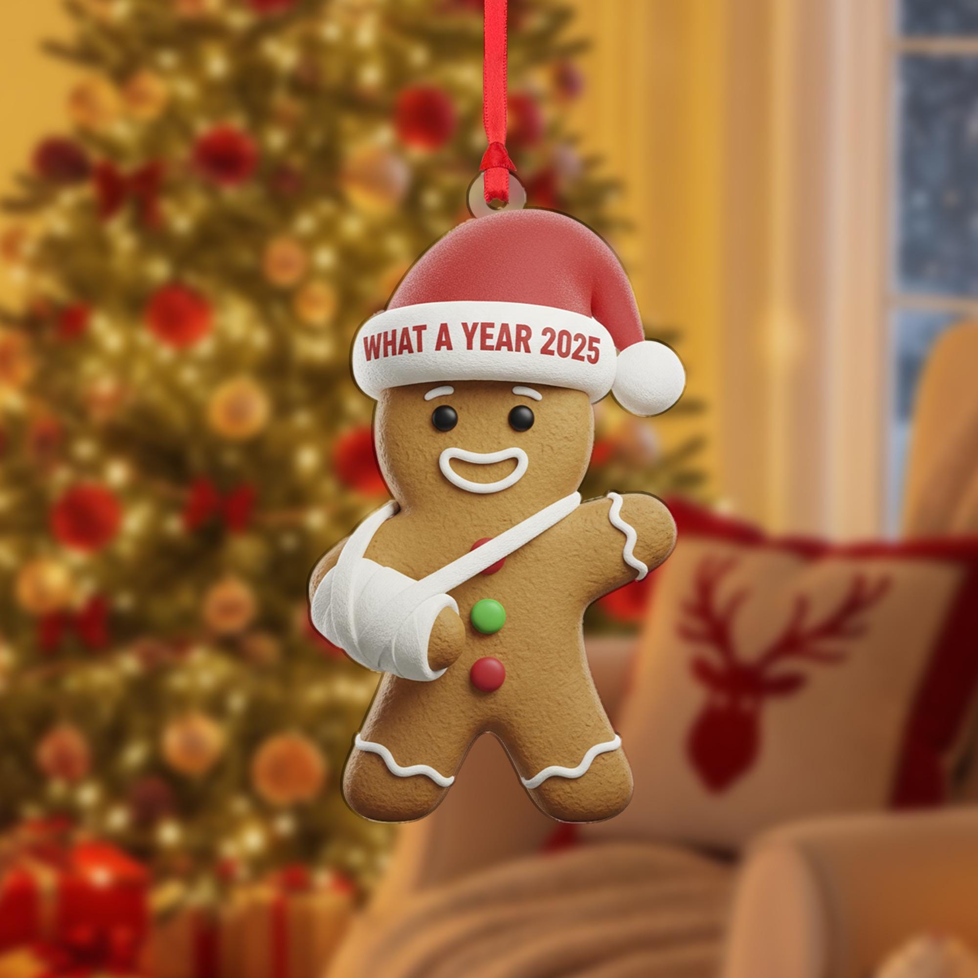 What a Year 2025 Gingerbread Ornament: Broken Arm Santa Hat Acrylic Gift image 2