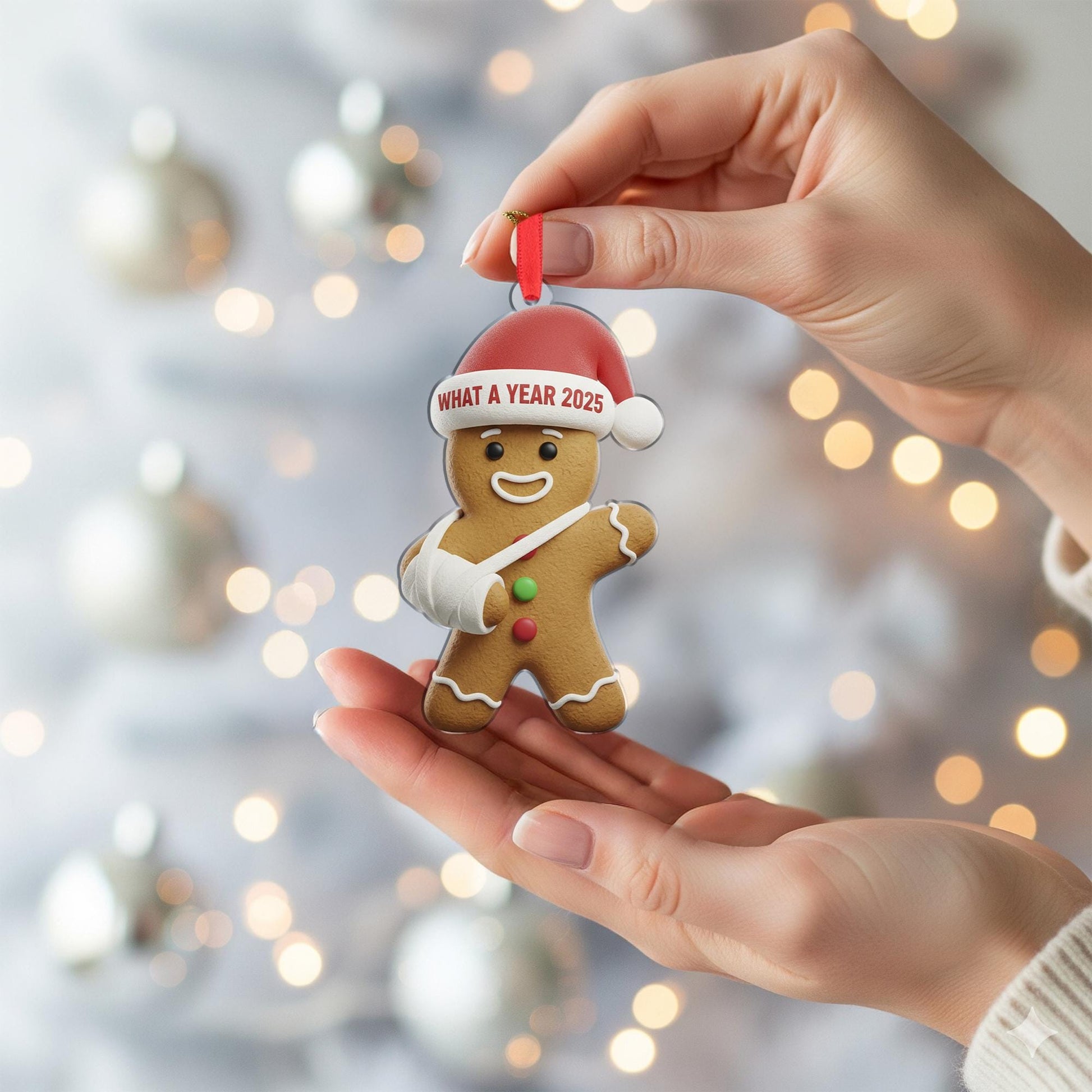 What a Year 2025 Gingerbread Ornament: Broken Arm Santa Hat Acrylic Gift image 6