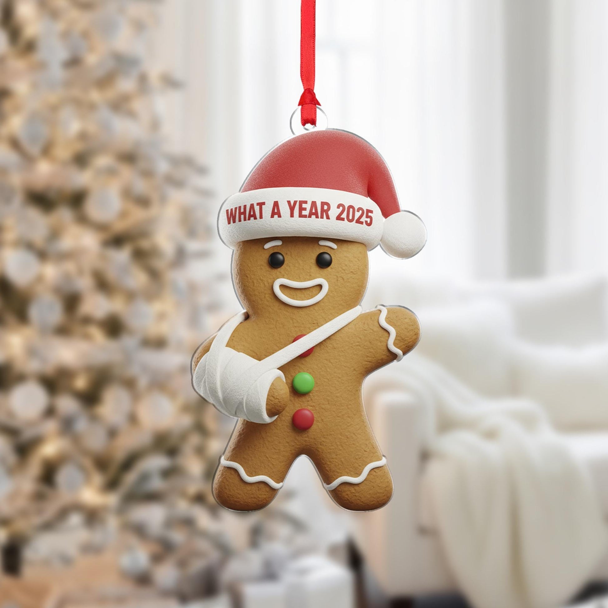 What a Year 2025 Gingerbread Ornament: Broken Arm Santa Hat Acrylic Gift image 1