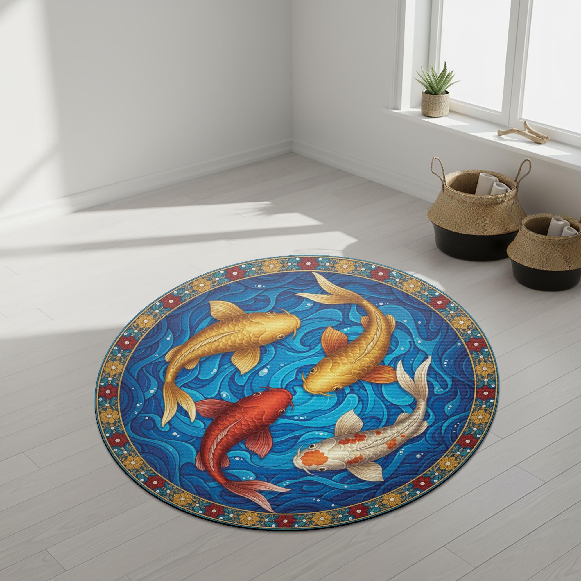 Round Koi Fish Area Rug – Blue Swirl Carp Pond Design image 1