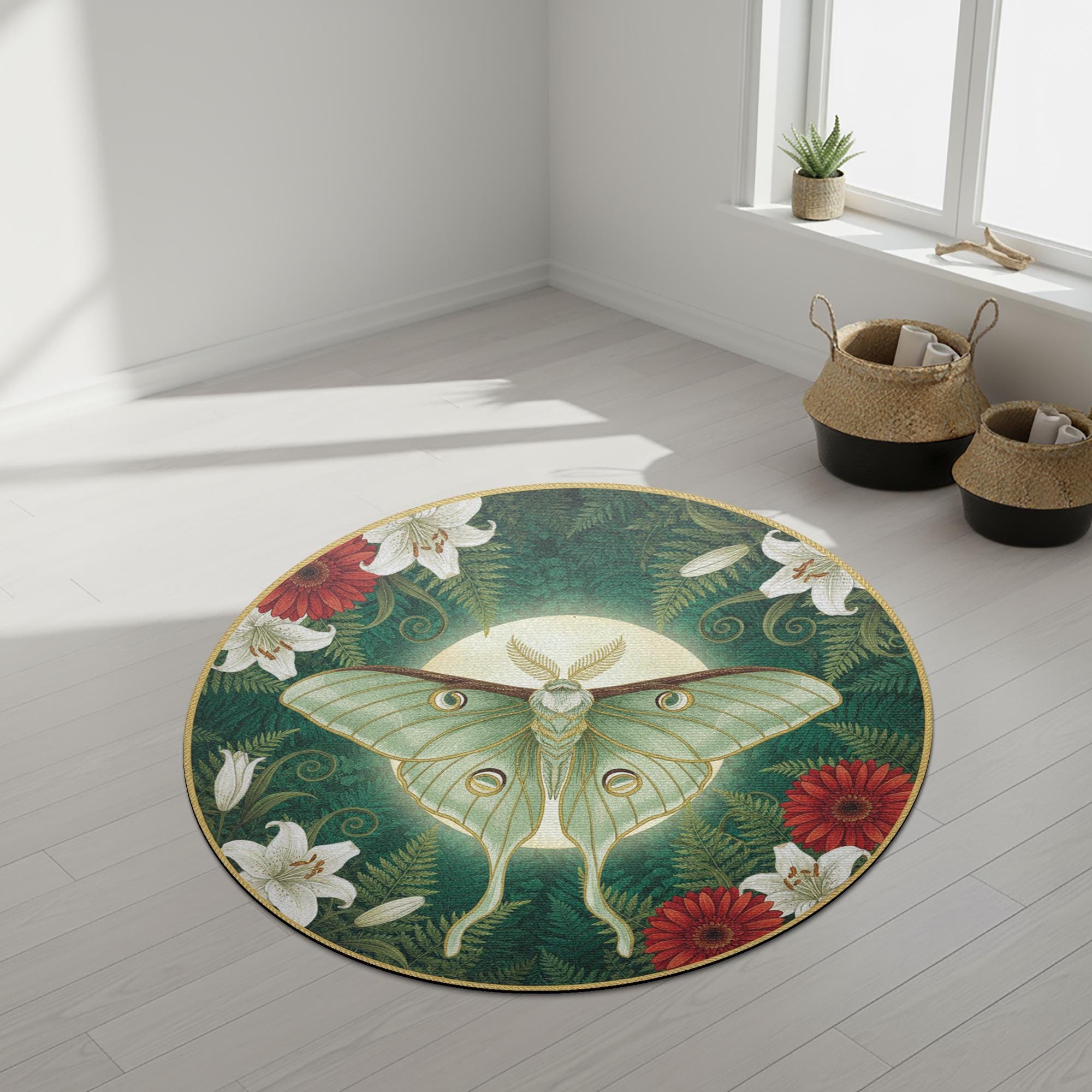 Green Moon-Moth Round Accent Rug — Celestial Moth & Floral Design Entryway Floor Mat image 3