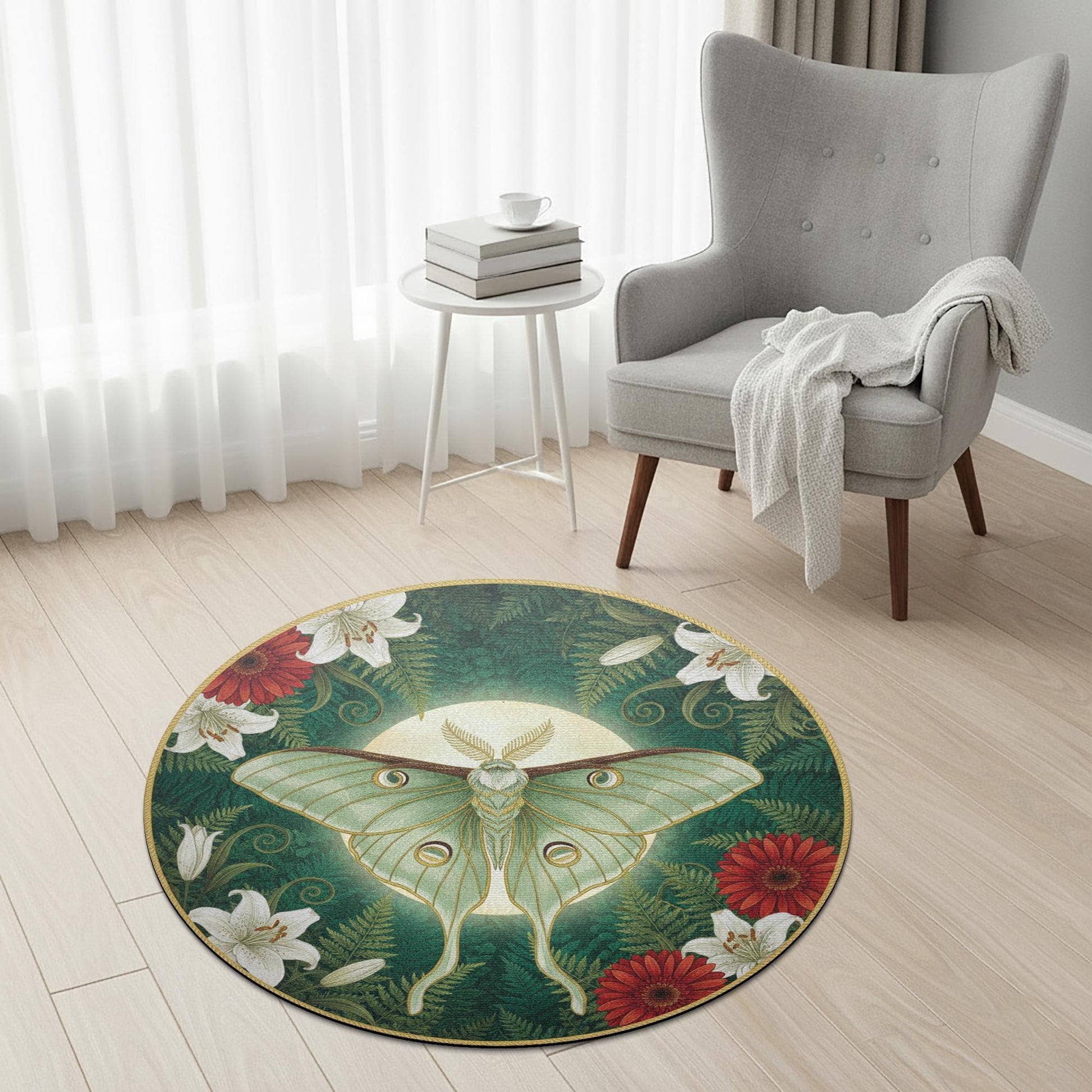 Green Moon-Moth Round Accent Rug — Celestial Moth & Floral Design Entryway Floor Mat image 1