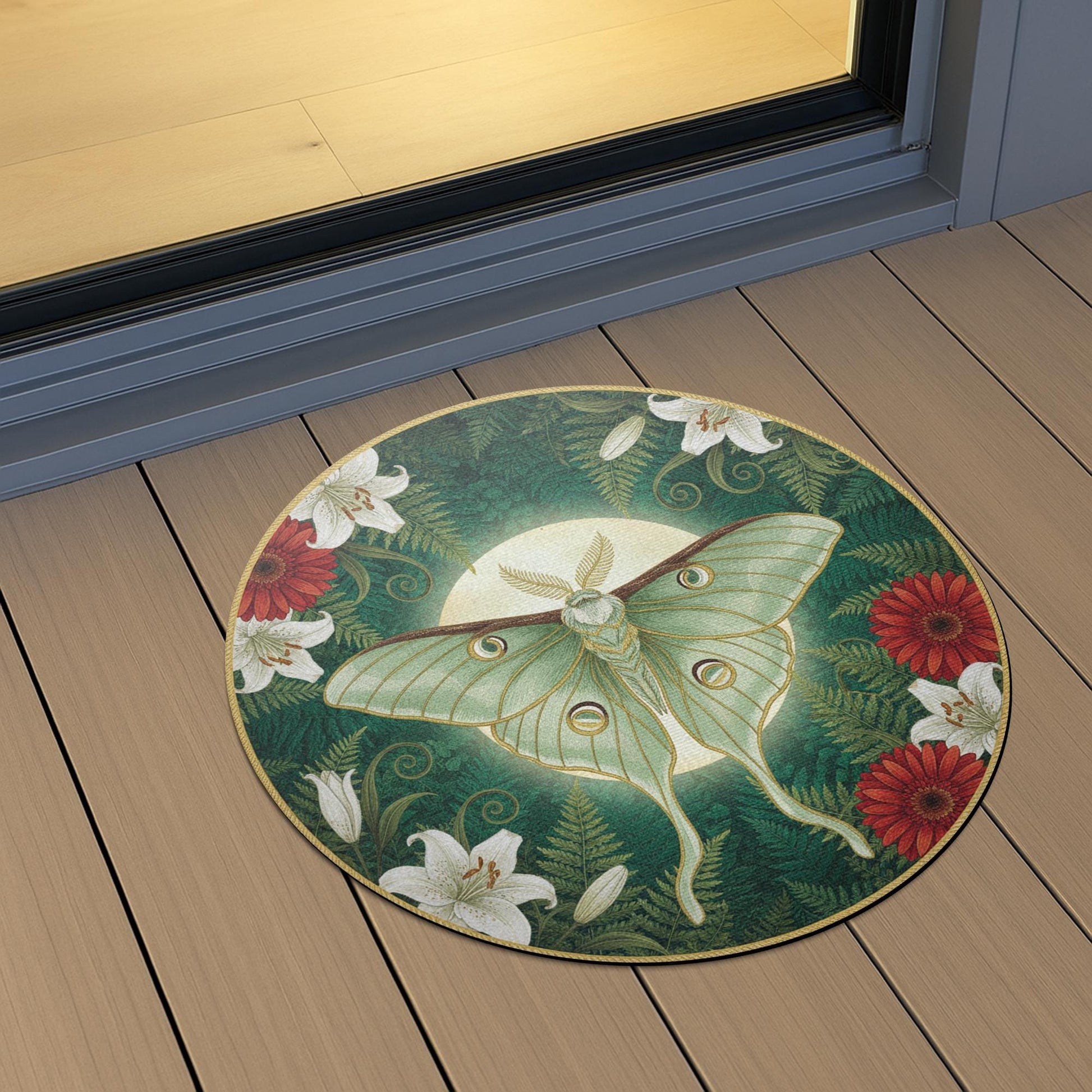 Green Moon-Moth Round Accent Rug — Celestial Moth & Floral Design Entryway Floor Mat image 5