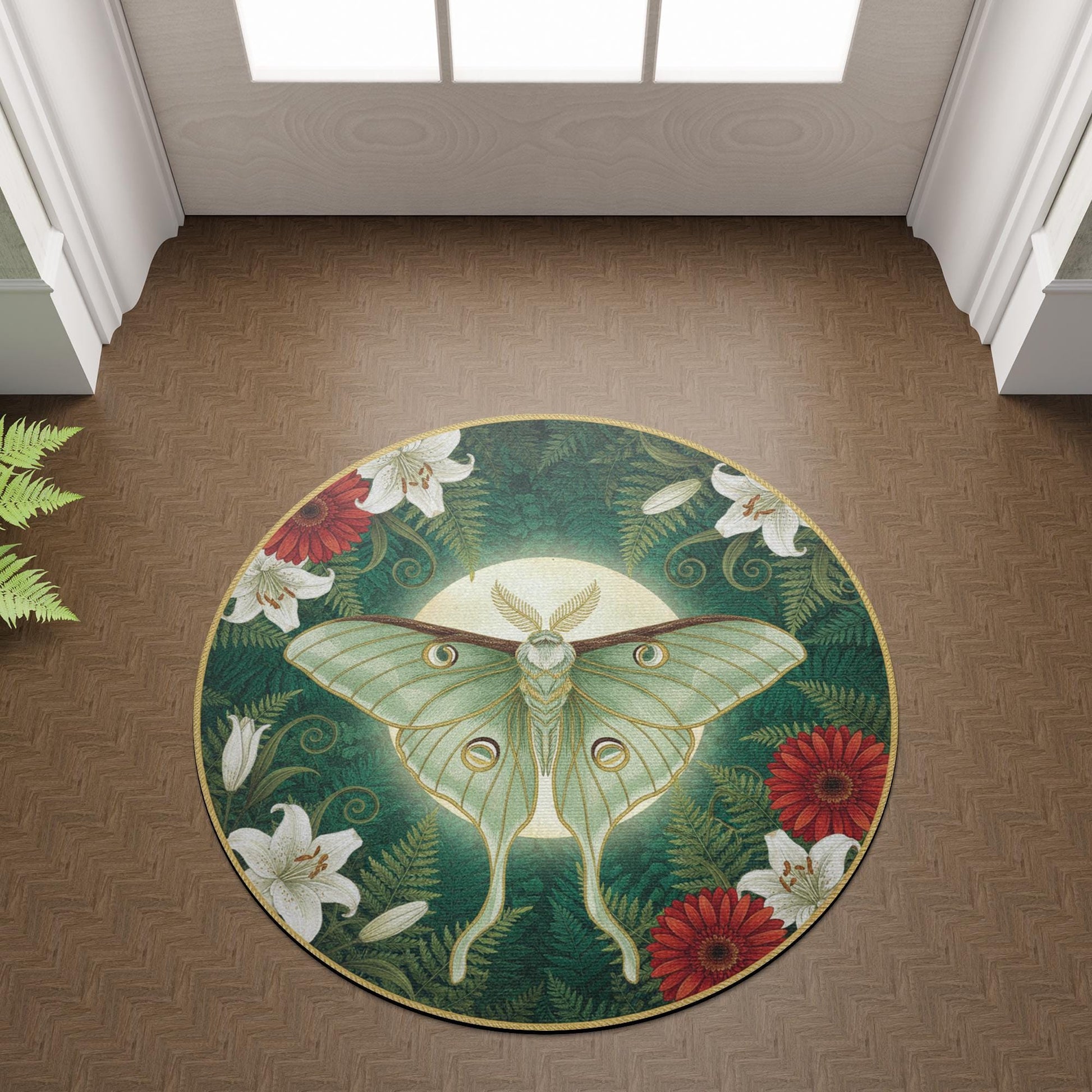 Green Moon-Moth Round Accent Rug — Celestial Moth & Floral Design Entryway Floor Mat image 2