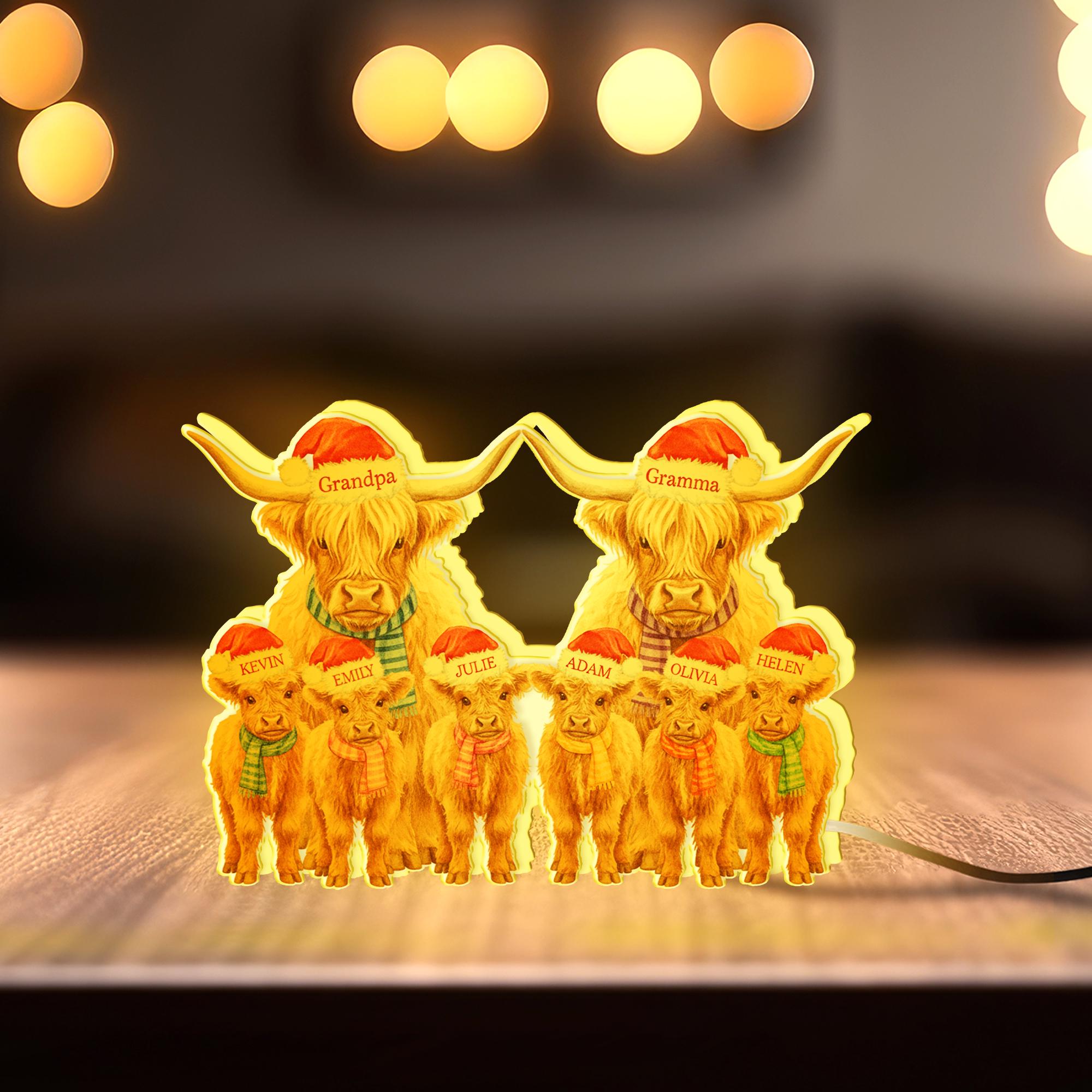 Custom Highland cow Family LED Light Box with Grandma Grandpa: Personalized Names Lamp image 1