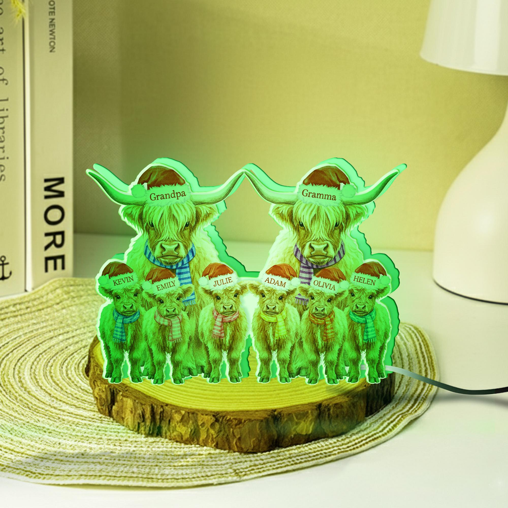 Custom Highland cow Family LED Light Box with Grandma Grandpa: Personalized Names Lamp image 5