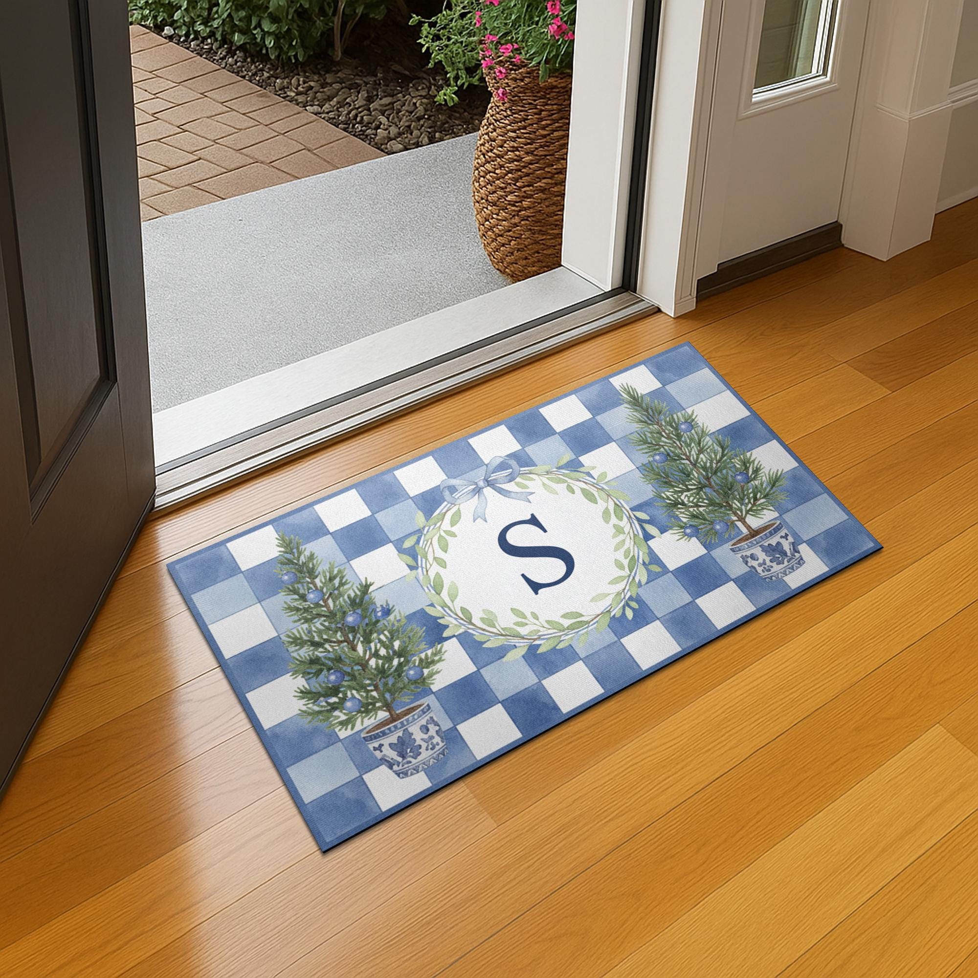 Personalised Blue Gingham Wreath Initial Doormat — Monogram Entry Door Mat with Chinoiserie Tree Pots image 3