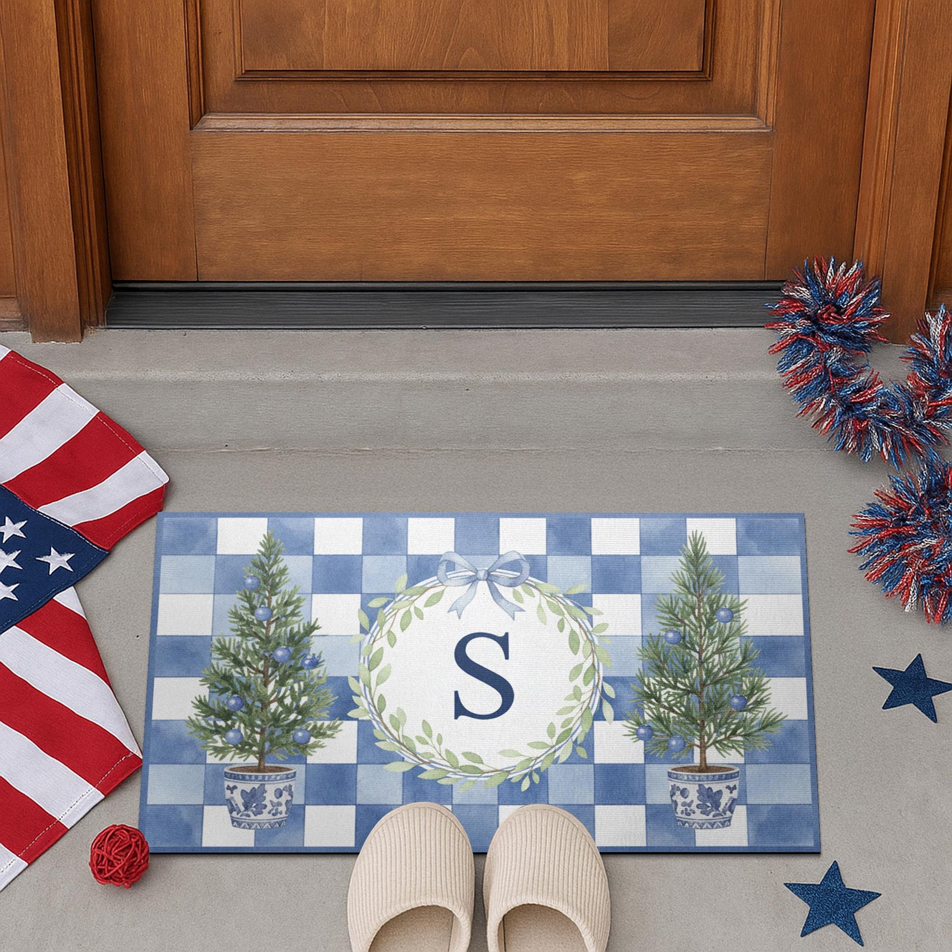 Personalised Blue Gingham Wreath Initial Doormat — Monogram Entry Door Mat with Chinoiserie Tree Pots image 5