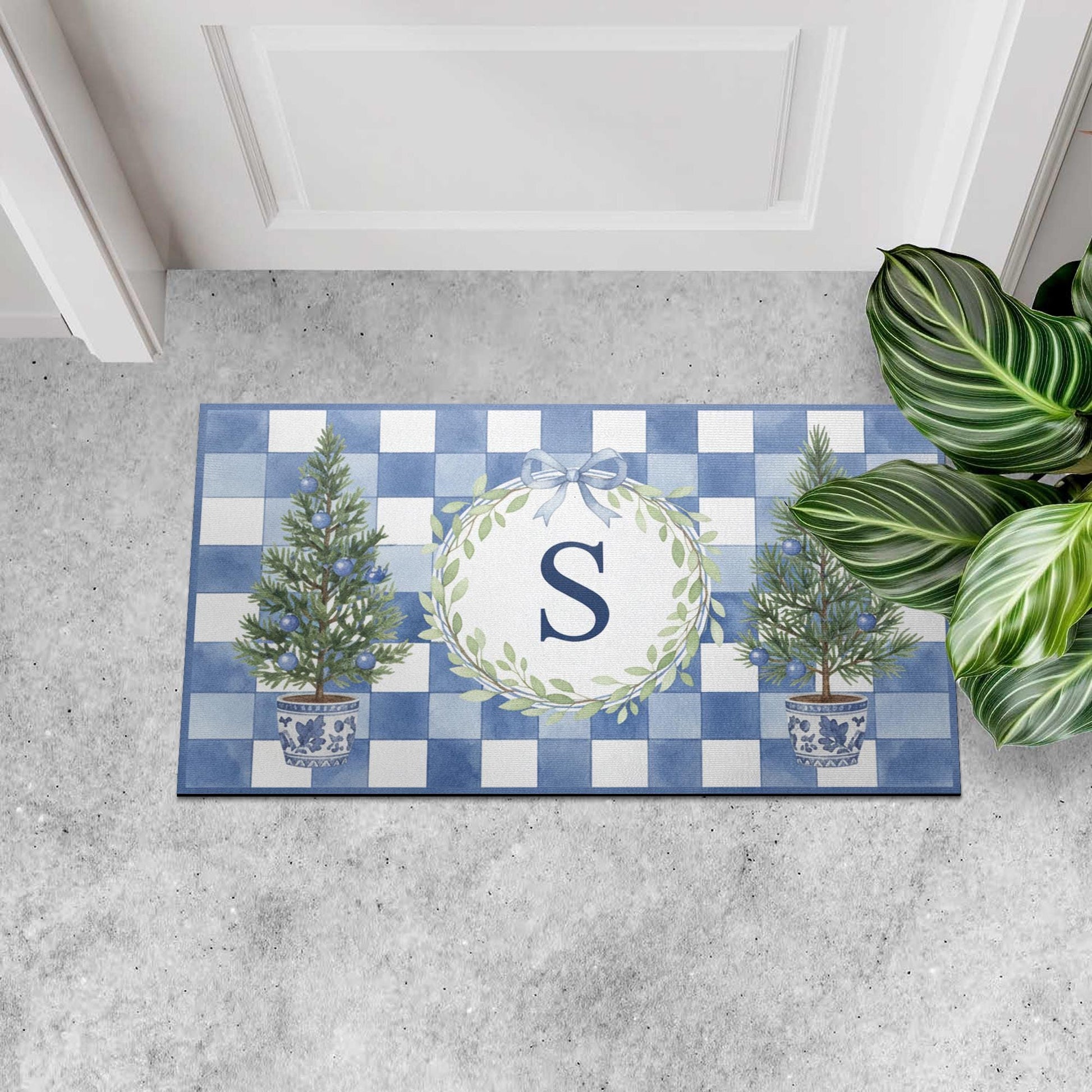 Personalised Blue Gingham Wreath Initial Doormat — Monogram Entry Door Mat with Chinoiserie Tree Pots image 7