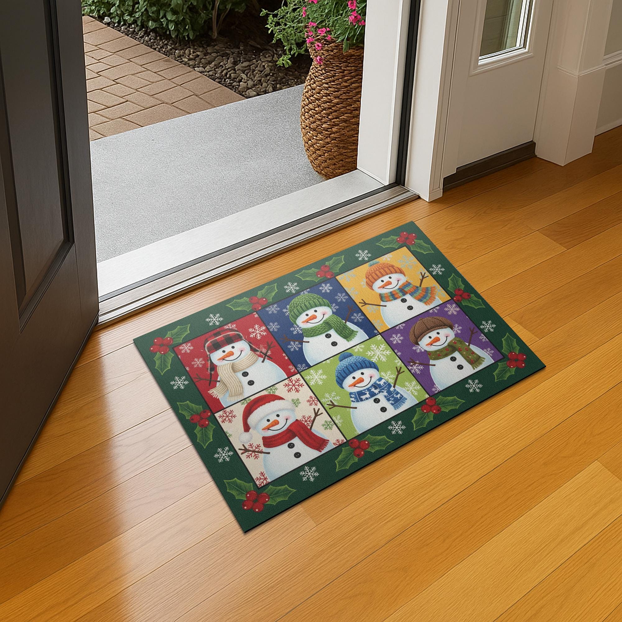 Holly Frame Snowman Panel Doormat — Checkerboard Holiday Entry Floor Mat image 2